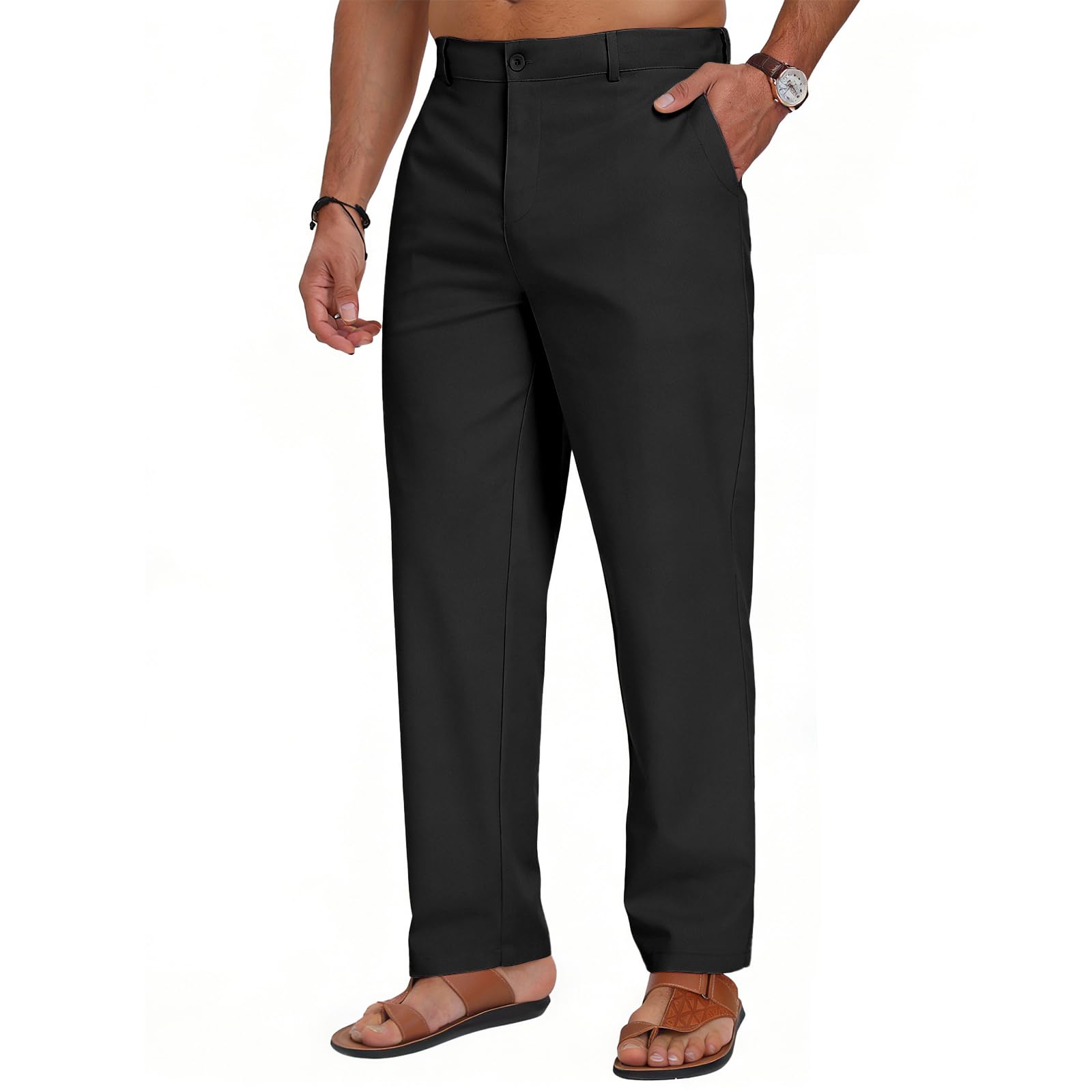 Puimentiua Herren Leinenhose Freizeithose Lang Anzughose leichte Sommerhose mit elastischem Bund und Kordelzug Reißverschluss atmungsaktiv für Urlaub Strand Alltag