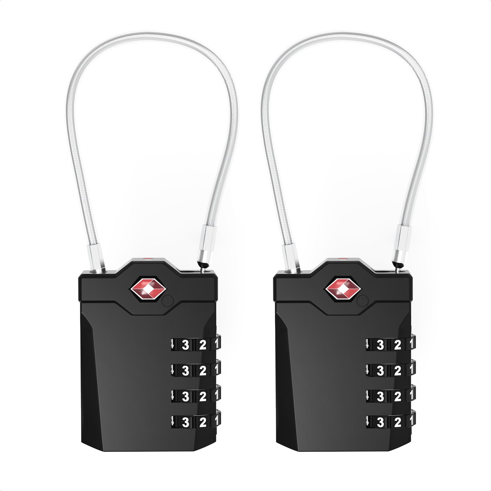 XOOL 2PCS TSA Approved Luggage Locks 4 Digit with Flexible Steel Cable, Resettable Luggage Padlock for Suitcases, Backpacks, Gym Bags & Travel Use