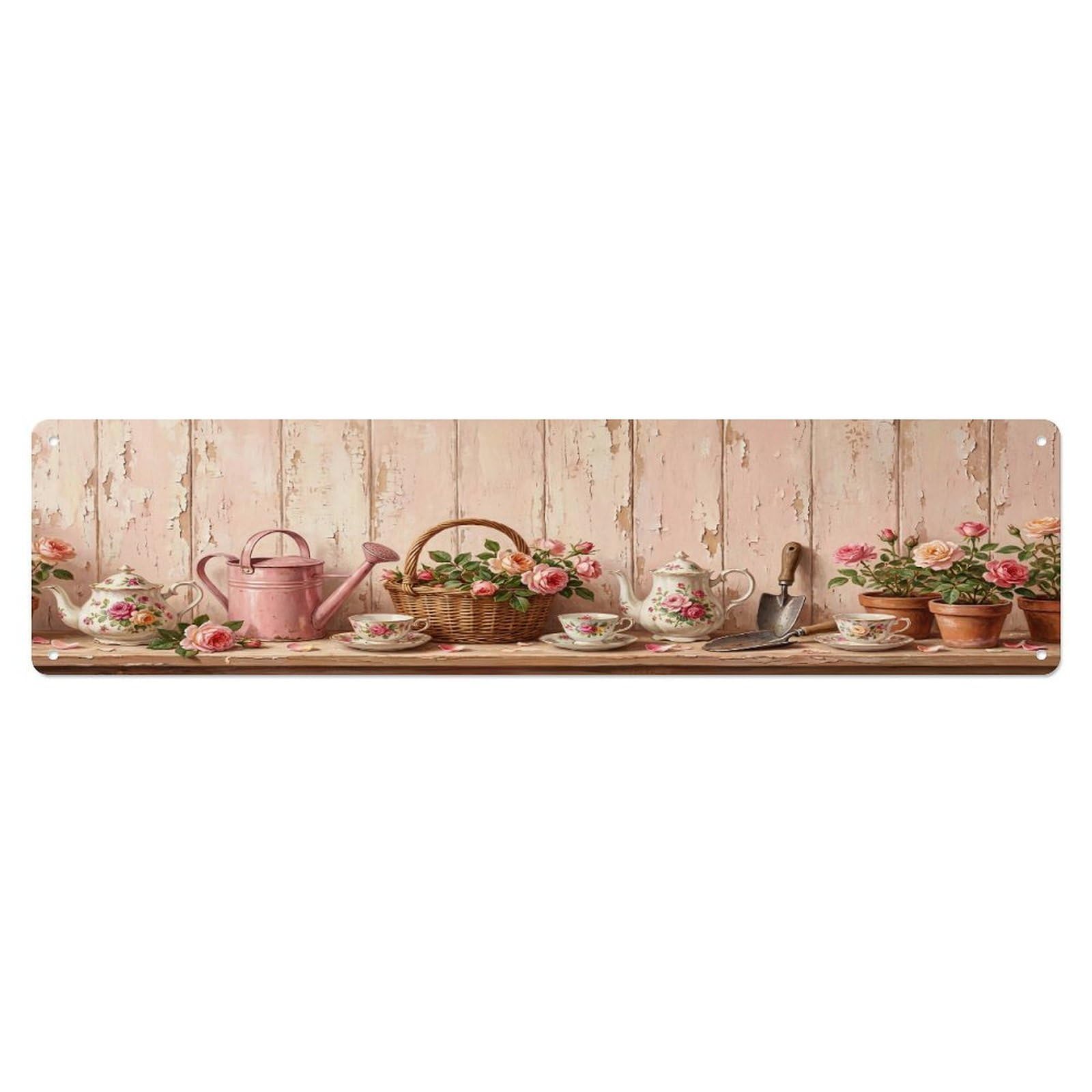 Floral Garden Tools Teapot Floral Pattern Print Metal Tin Sign