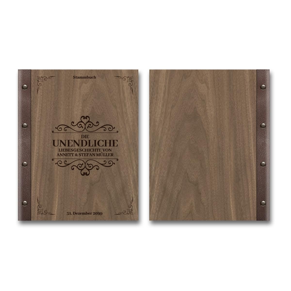 Personalisiertes Stammbuch Hochzeit aus echtem Holz mit Leder Rücken A5 oder A4 inkl. vorgedruckten Seiten - Liebesgeschichte