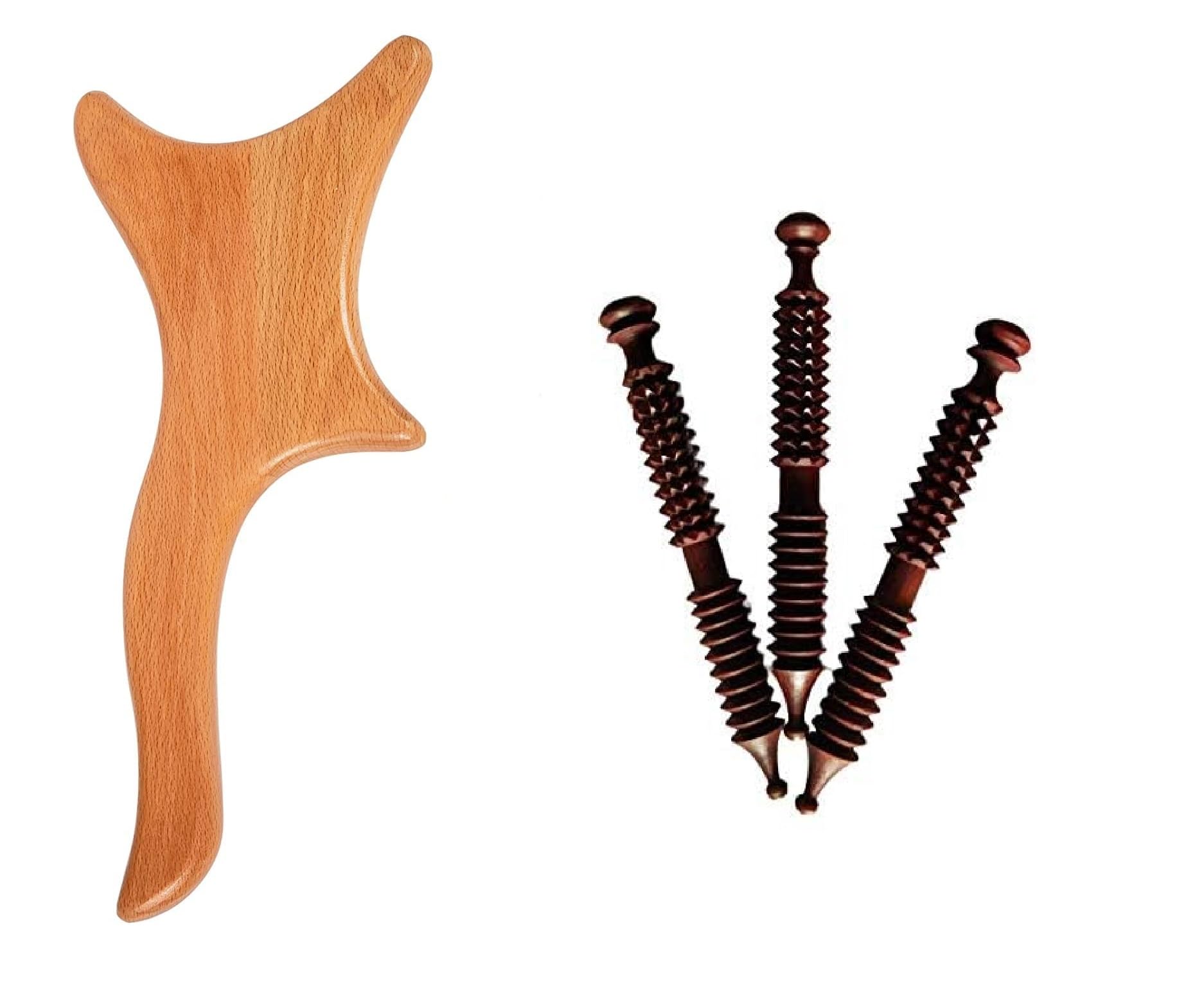 FA INDUSTRIES® Wooden Lymphatic Drainage Massage Paddle - Cellulite Gua Sha Tool, Muscle Pain Relief, Soft Tissue Therapy Device, Neck, Back, Legs and Body Use & Jimmy Point massager (5 x 1 Inch) Acupressure Pain Relief Massager (Brown) (Set of 4)