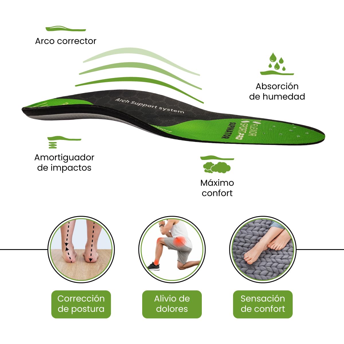 Flexor Plantillas Pro Trail Running Pie Supinador Talla 46 Verde Soporte Arco Plantar Tecnología Gel Absorción Impacto