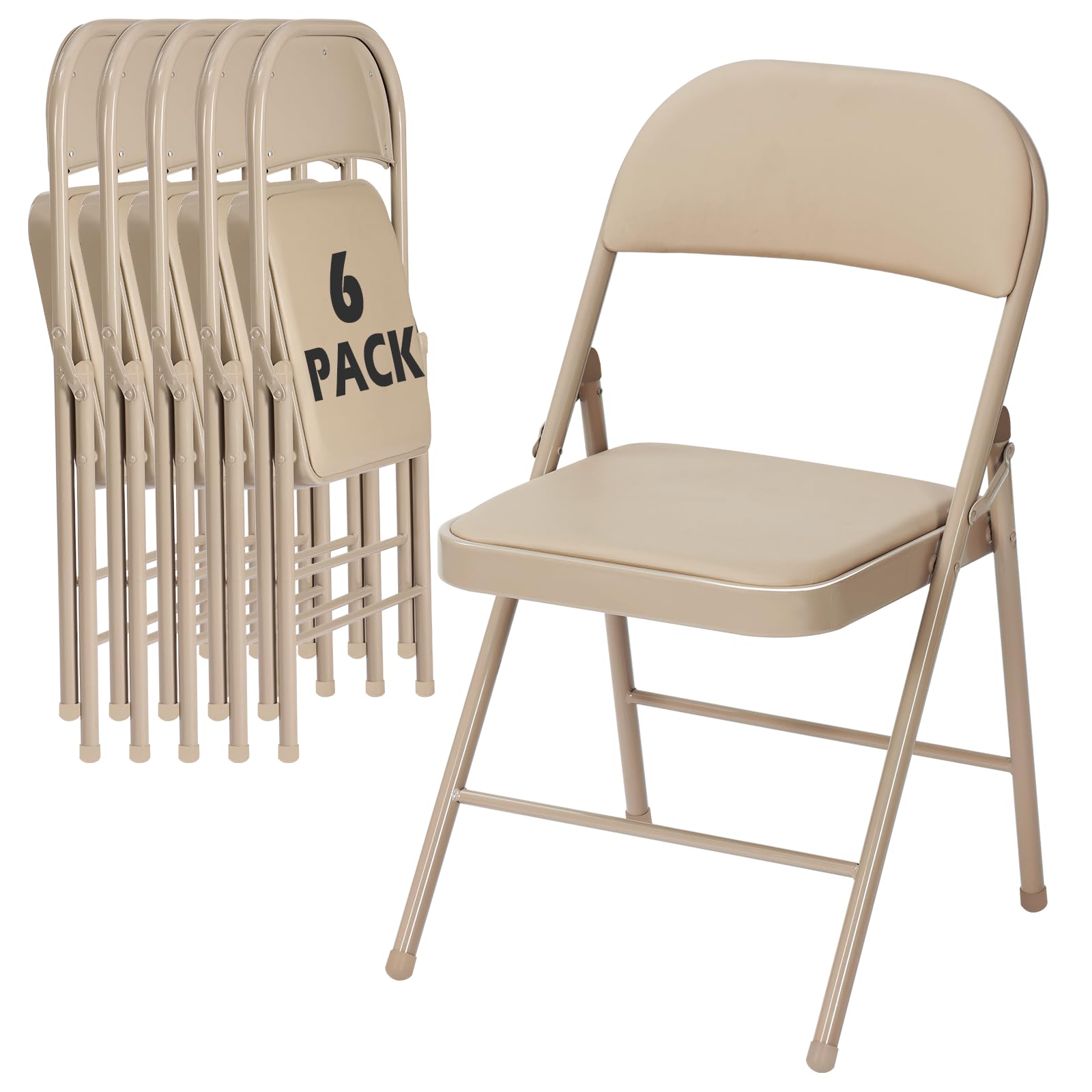 6 Pack Khaki Padded Folding Chairs with Metal Frame