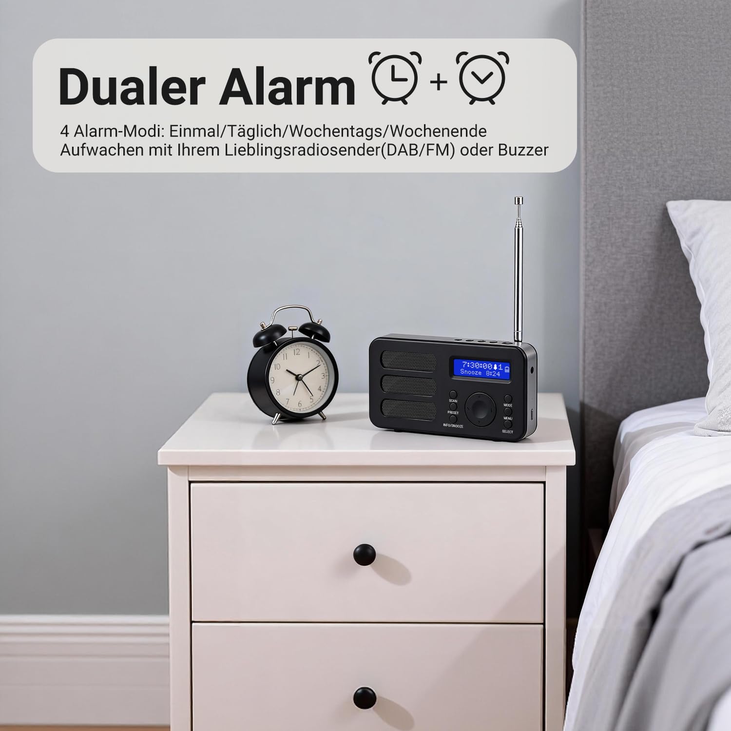 August MB225 Tragbares Radio mit DAB+/DAB/FM - RDS 40 Presets Radiowecker Stereo/Mono Digitalradio mit Sleeptimer Doppelalarm Snooze und wiederaufladbare Batterie Audioanschluss einfach für Senioren
