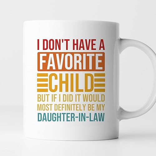 -11 oz - Taza de café con texto en inglés "My Daughter-In-Law Is My Favorite Child", divertida taza para suegra, regalo de cerámica brillante para