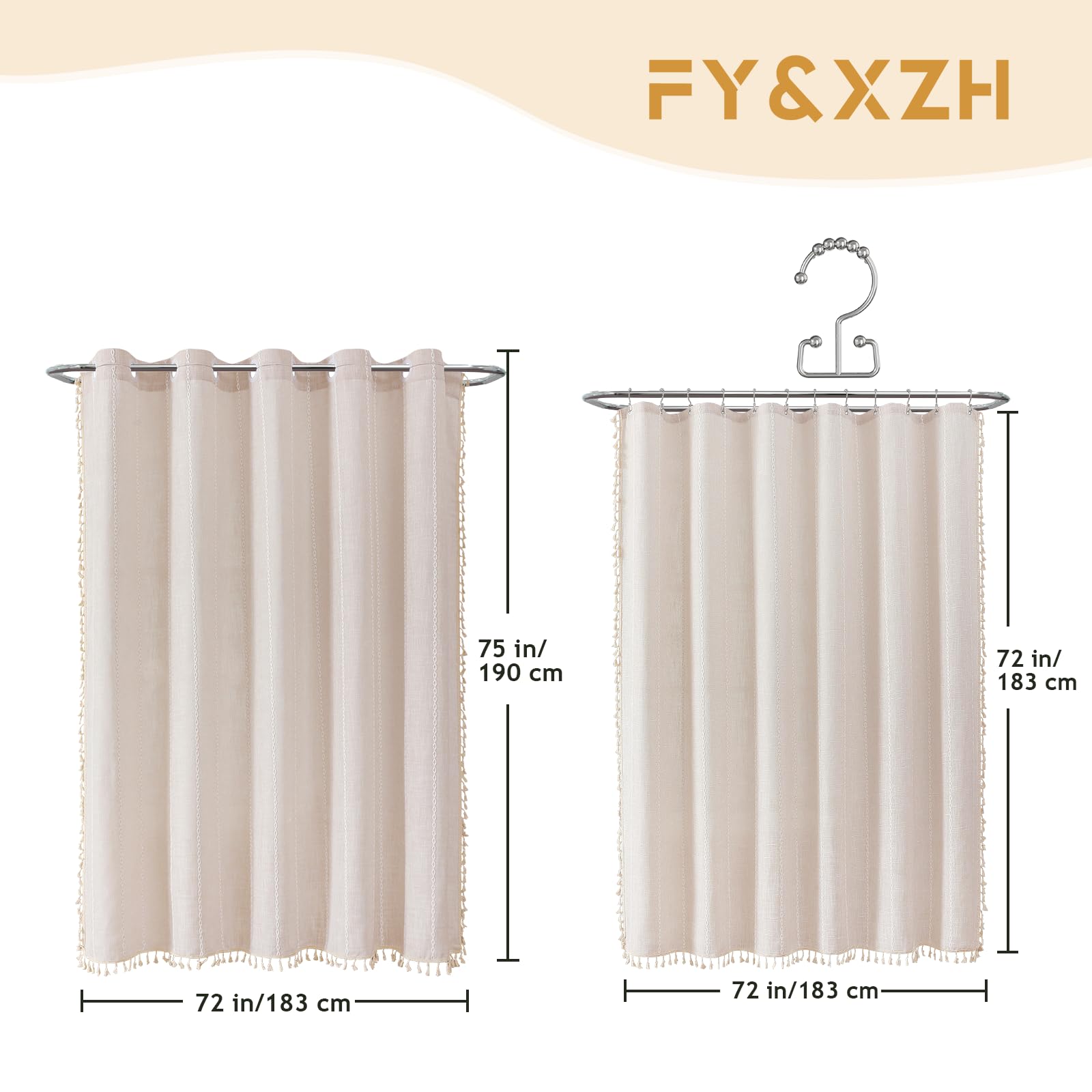 Cortina de ducha bohemia 2 en 1 con borlas, juego de cortina de ducha de tela de mezcla de lino y poliéster a rayas con forro de PEVA, cortina impermeable sin ganchos, para baño, 72 x 75 pulgadas