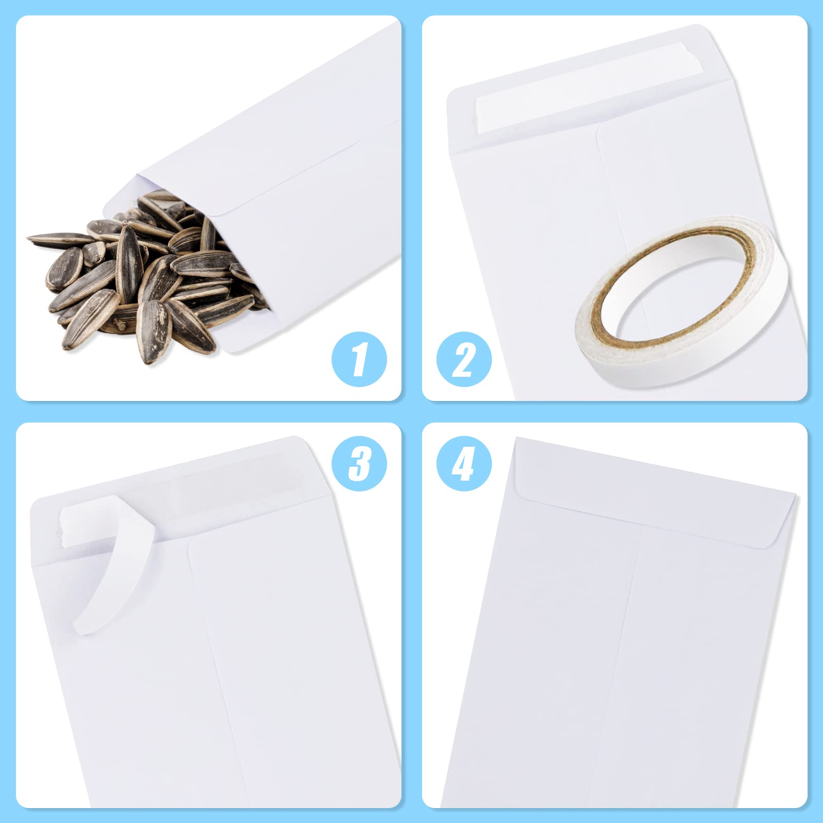 Buste di Carta con Nastro Biadesivo 10x6 cm Bianco 100 Pezzi per Monete Perline Francobolli