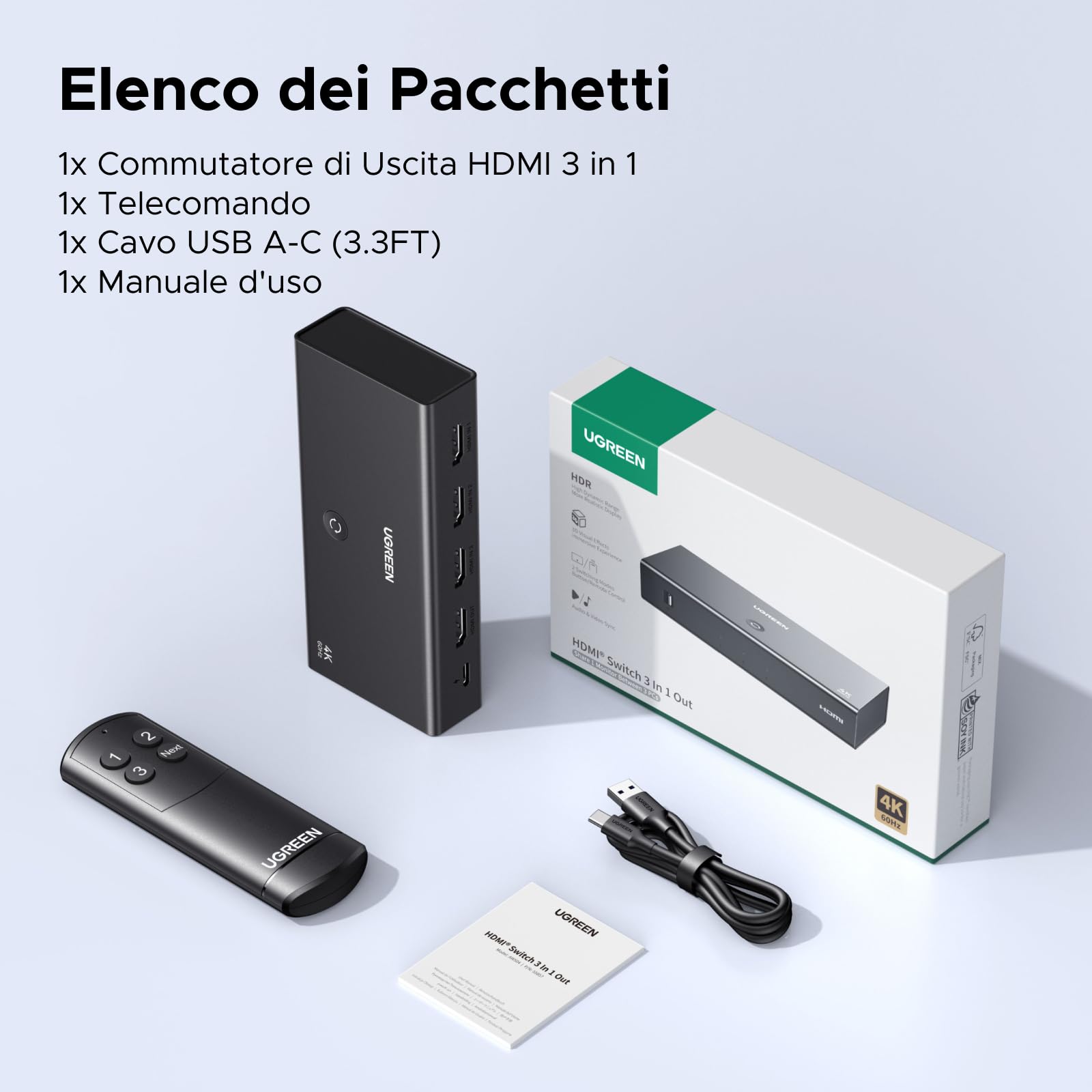 UGREEN Switch HDMI 4K 60Hz 3 In 1 Out Switcher 1080P UHD Dolby Atmos con Telecomando per PS5 PS4 Xbox PC TV