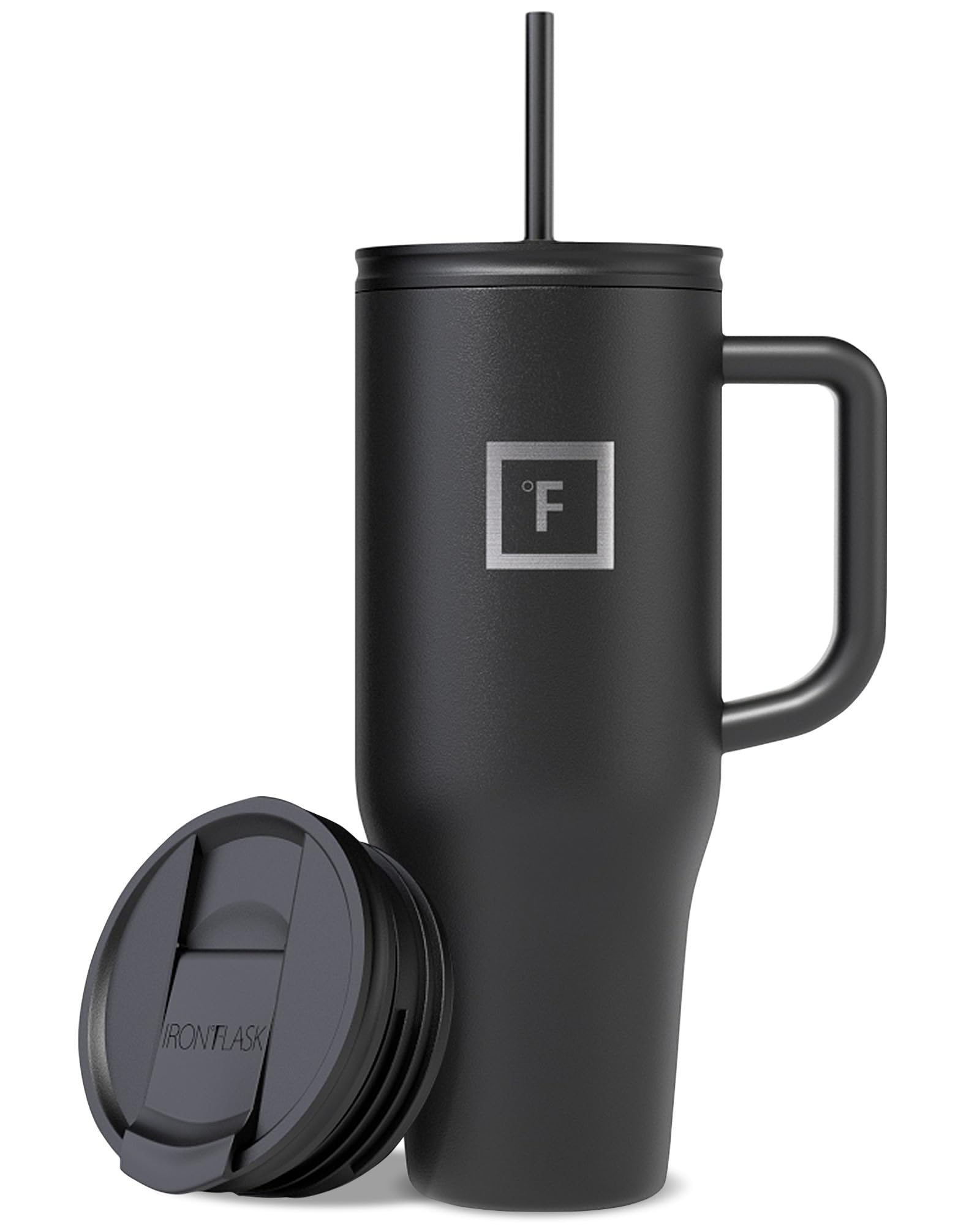 IRON °FLASKCo-Pilot Insulated Mug w/Straw & Flip Cap Lids - Cup Holder Bottle for Hot, Cold Drink - Leak-Proof - Water, Coffee Portable Travel Mug - Midnight Black, 40 Oz