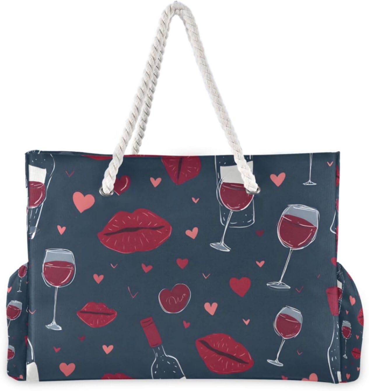 OTVEE Wine Bottle and Lip Pattern Beach Bags for Women Ladies Large Canvas Tote Shoulder Bag Waterproof Travel Bags for Gym Swim Pool Camping