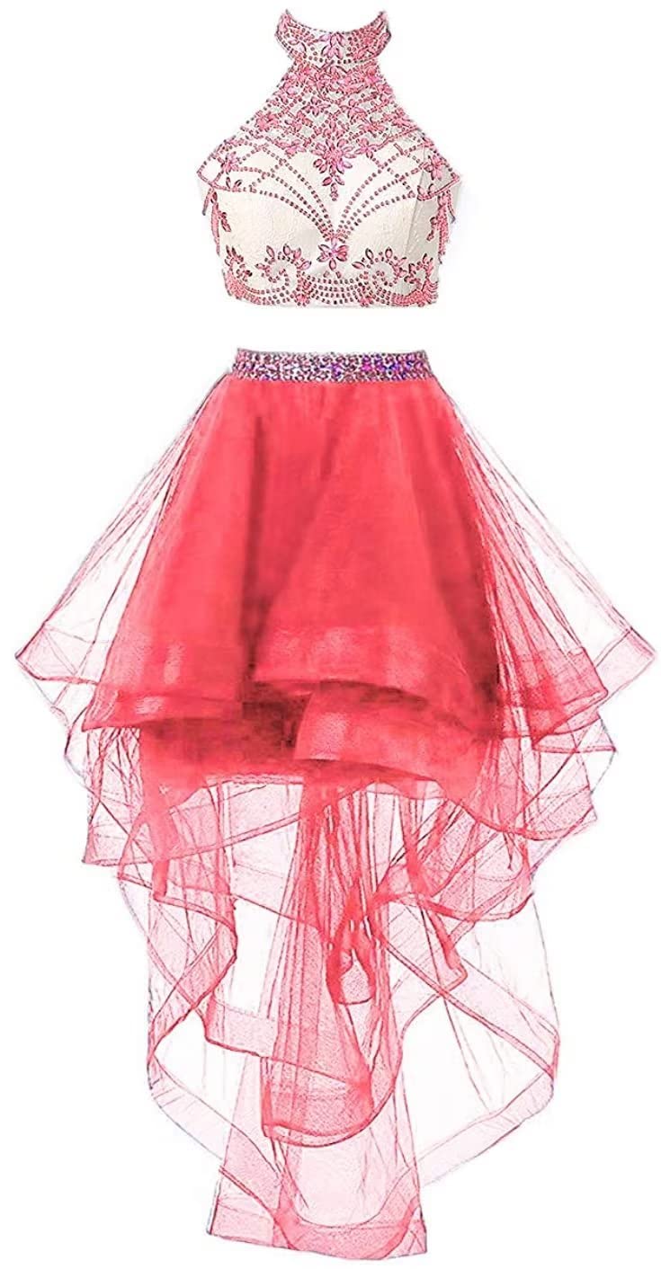 HEIMO Women's Pieces Beaded Keyhole Back Homecoming Dresses 10 Coral