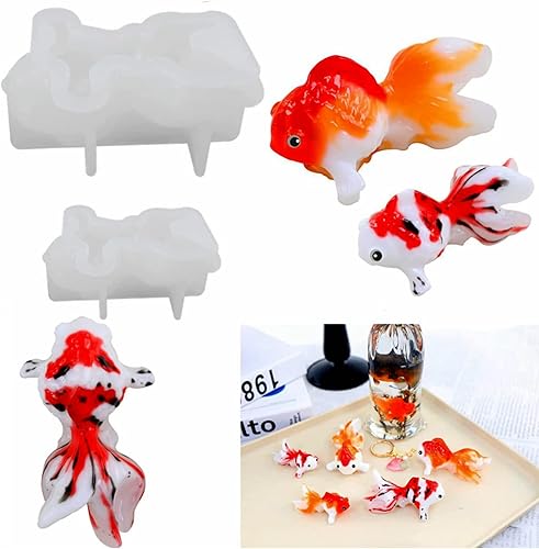 Koi Fish - Moldes de resina de silicona 2 piezas de molde de silicona de pez dorado pequeño 3D molde de fundición de resina epoxi animal para
