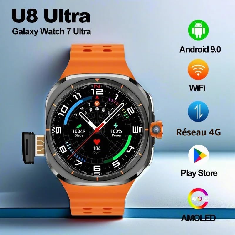 XINDADA U8 Ultra AMOLED - Montre intelligente pour homme et femme, Android 9.0 Galaxy Watch 7 4G, carte SIM, WiFi, GPS, NFC, caméra gyroscopique, 3+32 Go (noir)