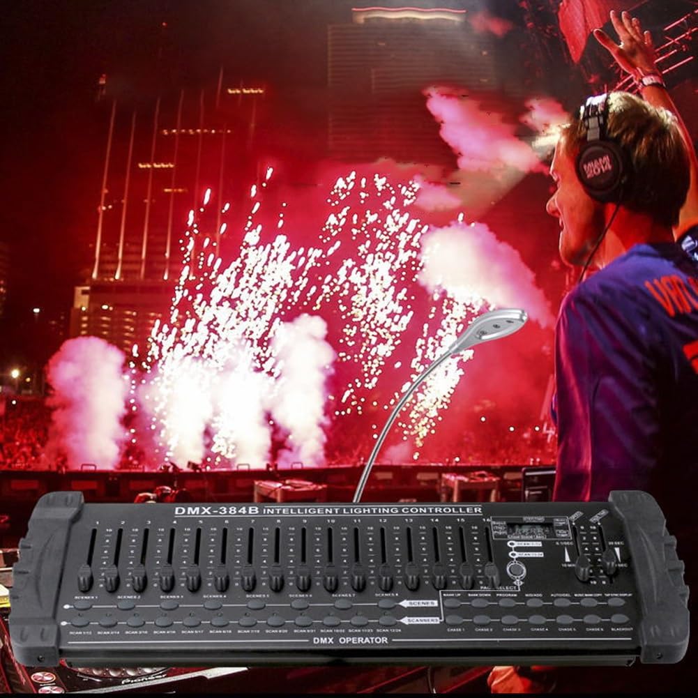 DMX512-Lichtsteuerung, 384 Kanäle DJ-Bühnenlichtsteuerung, unterstützt 30 Bänke, 8 Szenen und 24 Vorrichtungen. Bühnenlichtkonsole zur Programmbearbeitung von DJ-Lichtern in Shows, Bars und Clubs