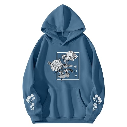 Sulayesh Rose Floral Graphic Hoodie for Men Aesthetic Japanese Cool Hoodies Oversized Trendy Streetwear Pullover Sweatshirt - Deep Blue - Medium