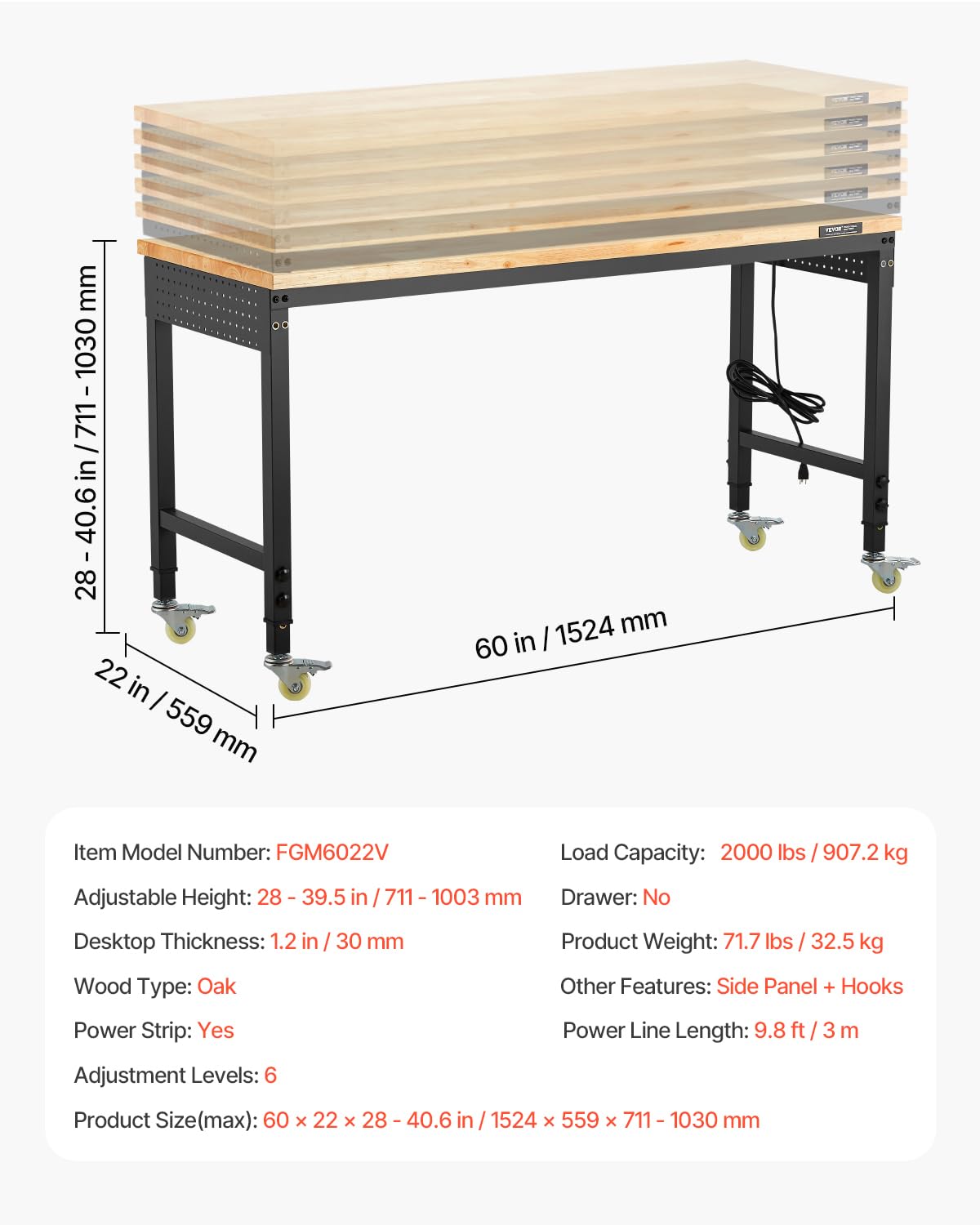 VEVOR Banco da Lavoro Regolabile 1524 mm, Carico 907 kg, Presa di Corrente, Tavolo per Lavoro Porta Attrezzi, Piano in Legno di Quercia per Garage, Officina, Ufficio e Casa