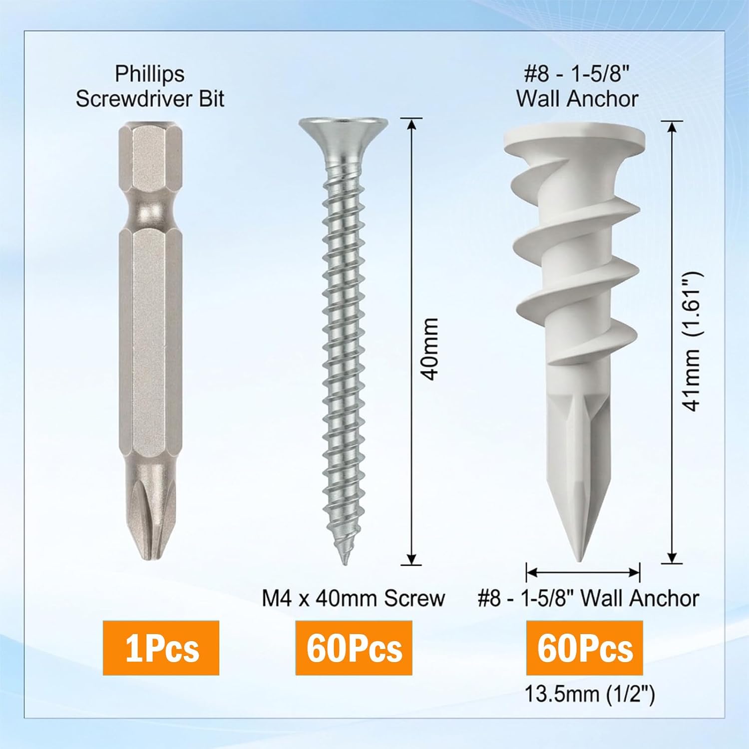 120pcs (60 Sets)-Plasterboard Fixings, Self-Drilling Plasterboard Anchors & #8 Galvanised Screws + Magnetic Screwdriver — 75 lb Hold