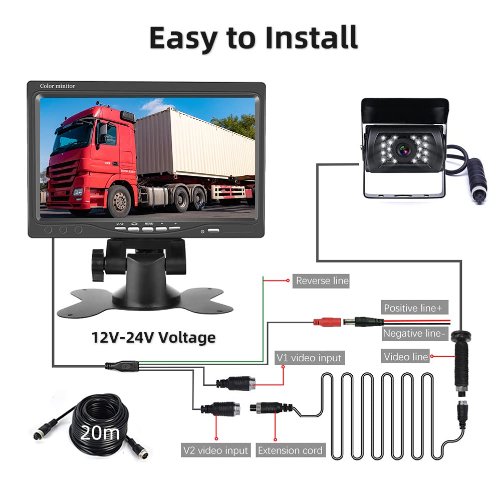 Samochodowa kamera cofania – przewodowy zestaw kamery cofania i monitora do noktowizora na podczerwień, 7-calowy system cofania do ciężkich pojazdów użytkowych firmy RV Trucks, Bus Trailers