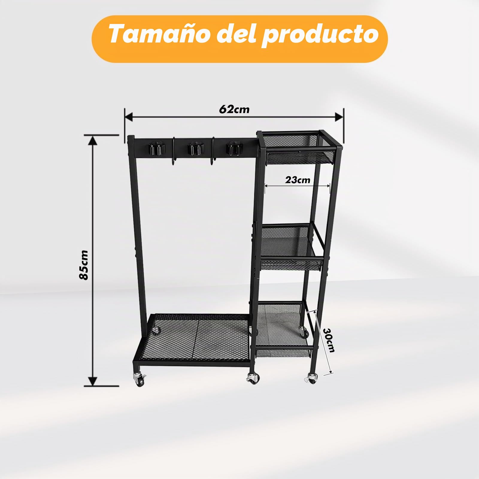 Carro de Limpieza 3 Estantes, Soporte para Escobas y Organizador Móvil con 6 Ruedas, para Hogar, Hotel, Escuela (Carga 50kg)