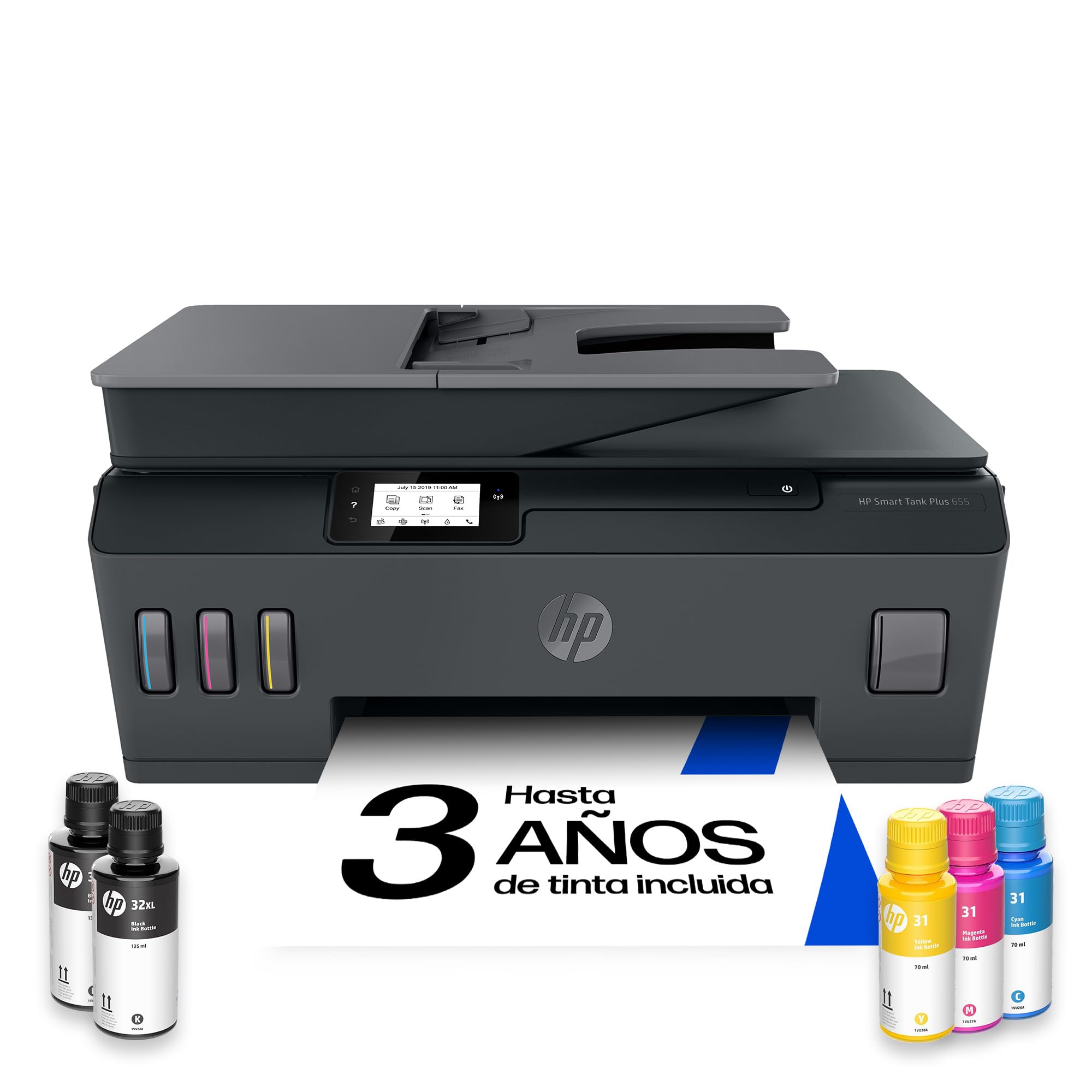 HP Smart Tank Plus 655 Y0F74A - Impresora A4 Multifunción con Deposito de Tinta Recargable, Impresión a Color, Escaner, Copiadora, Fax, Wi-Fi, Smart App, Negro