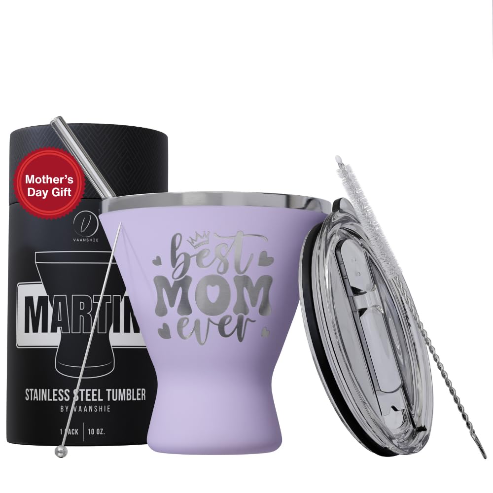 Mothers Day Gifts For Mom - Best Mom Ever Stainless Steel Martini Glass [Lilac, 10oz, Pack of 1] - Powder - Coated, Double Wall Margarita Cup - Birthday, Valentines Day, New Mom Gifts for Women