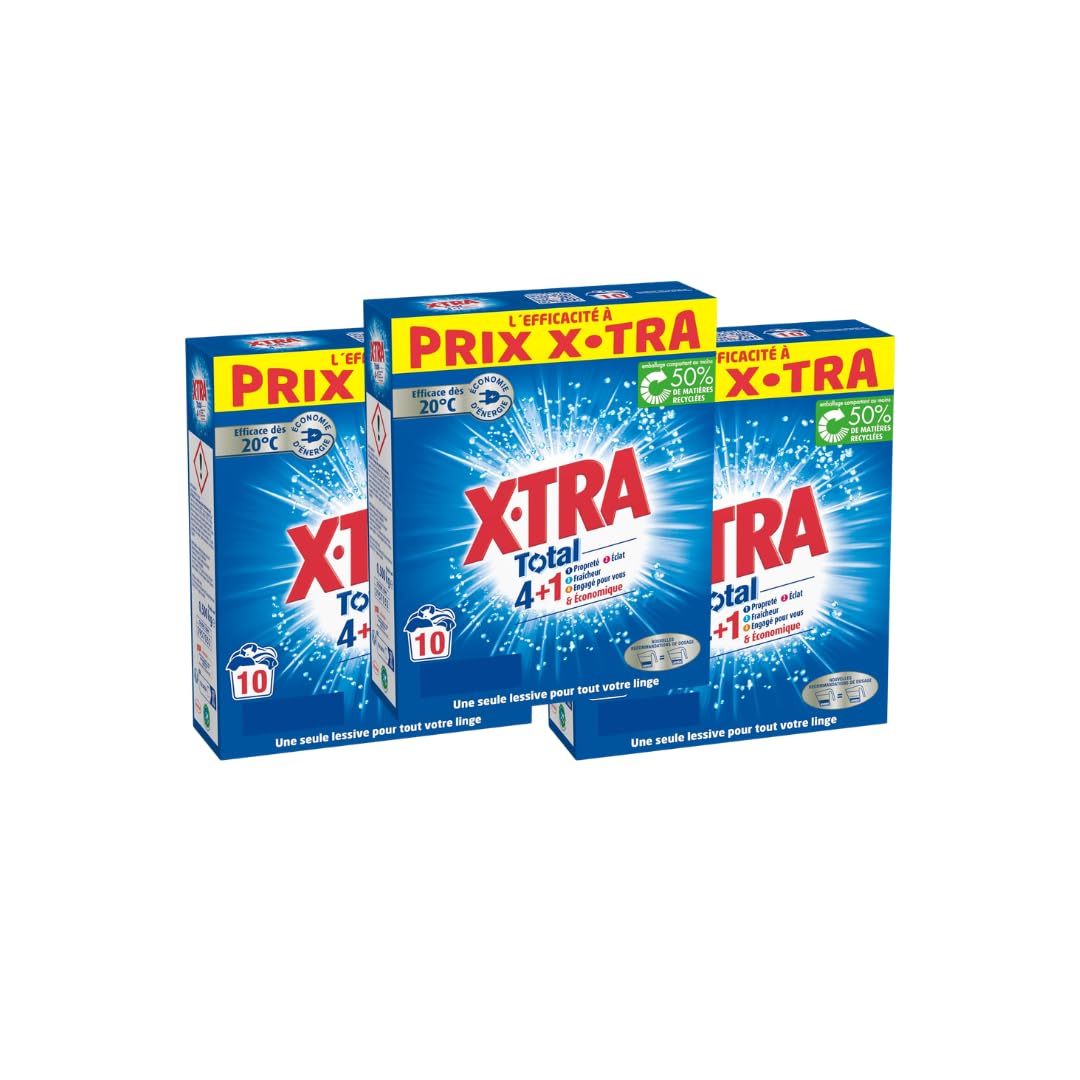 X, Tra Total - Lessive Poudre - 4 plus 1 - Propreté - Eclat - Fraîcheur - Engagé pour vous - Economique - Une seule lessive pour tout votre linge - Efficace des 20°C - 30 mesures