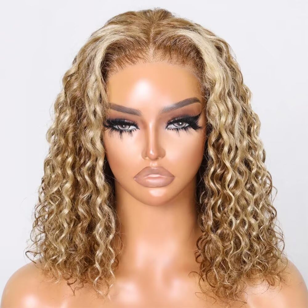 oulaer Highlight Blonde Wig Short Bob Water Wave 27/613 Colored Human Hair Wig 13x6 HD Transoarent Lace Front Wig Pre Pluckd Deep Wave Glueless Wigs