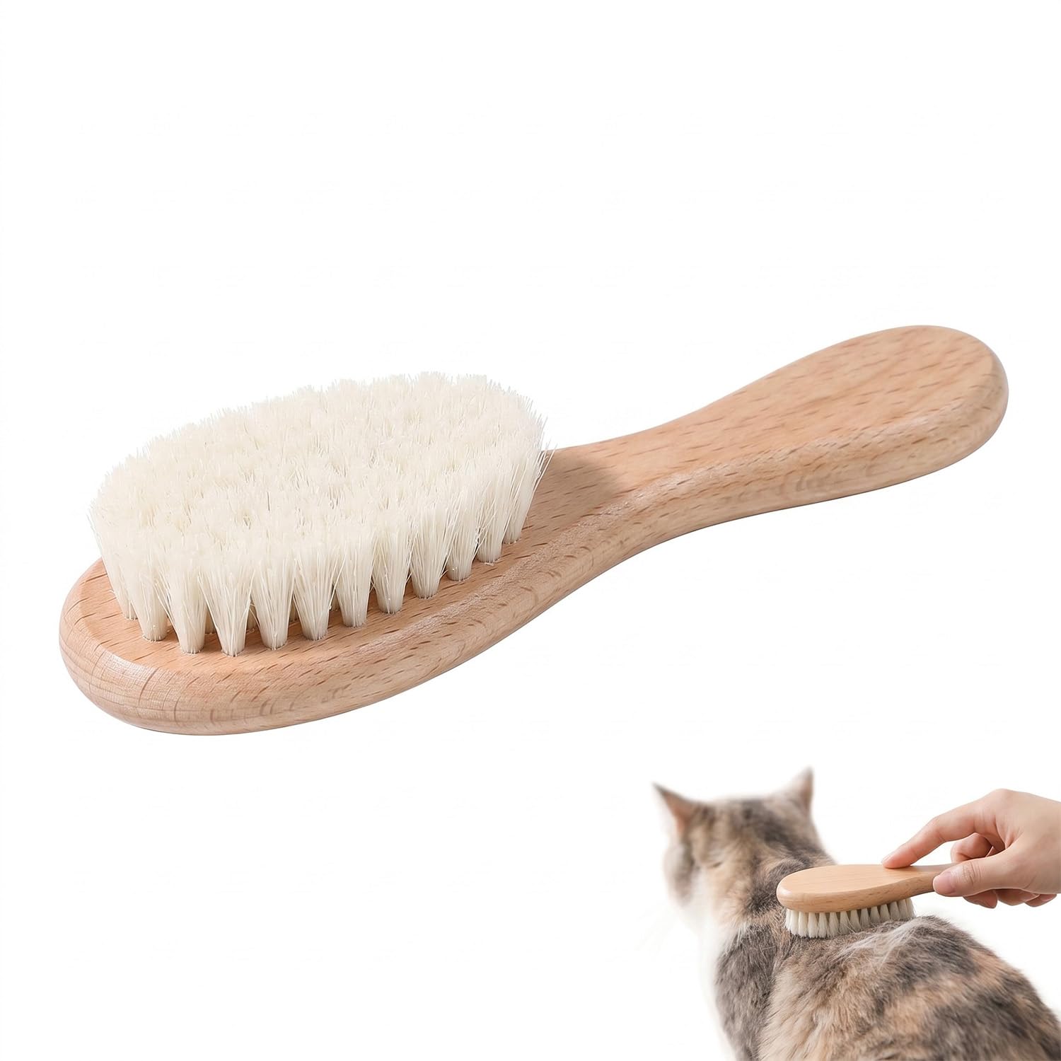 Short Hair Cat Brush, Soft Bristle Brush with Wooden Handle for Removing Dead Hair and Massage, Comb for Cats and Small Dogs, Pet Grooming Tool, 14.5 x 3.8 cm