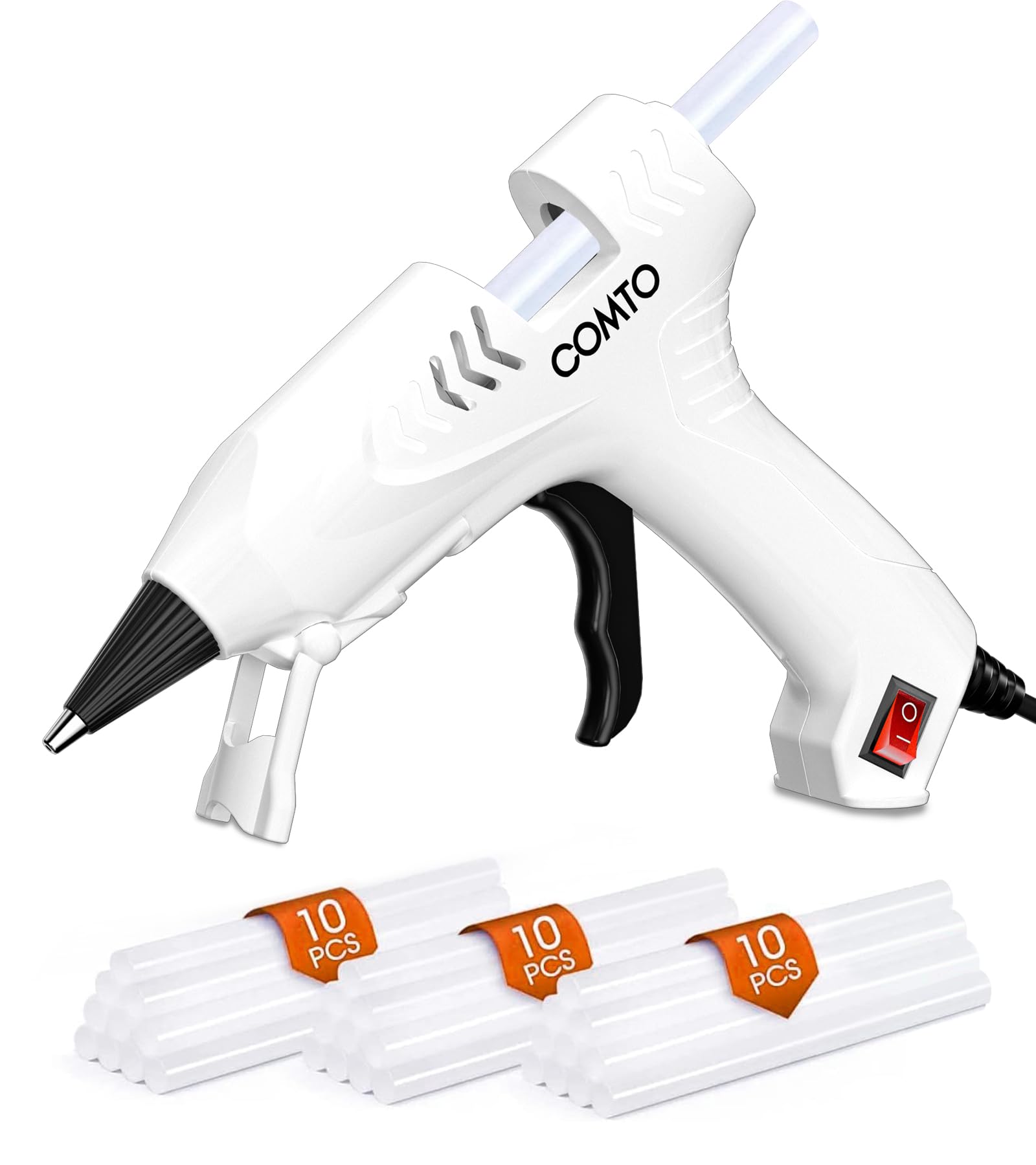COMTO 20W Hot Glue Gun - with 30 Pcs 7×140mm Glue Sticks, Fast Heating, Anti-Scald Nozzle & Safety Stand, Glue Gun for Crafting, Home Repairs, White