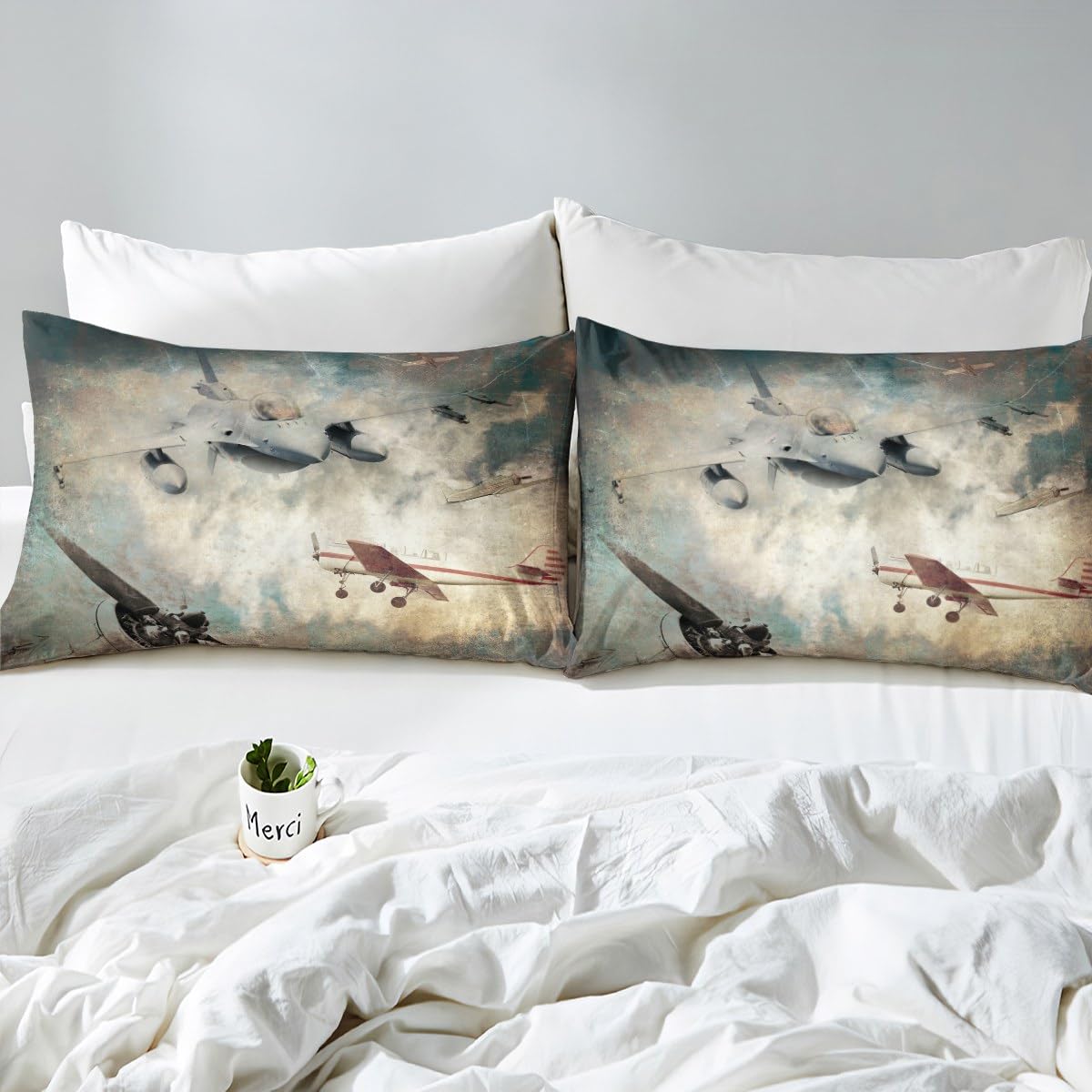 Yasida Spannbetttuch Queen Size + 2 Kissenbezüge – Flugzeug Tarnmuster, Microfaser, 203x152 Cm