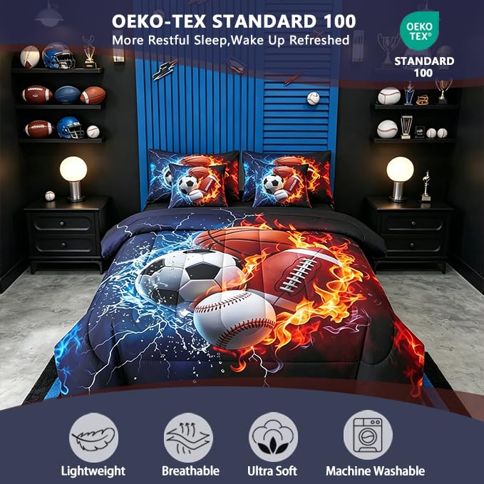Image of Feelyou Boys Sports Comforter Set with Sheets 7 Piece Queen Size Football Baseball Soccer Bed in a Bag Kids Boys Girls Basketball Bedding Set Ball Game Sports Bedroom Decor Breathable Soft Microfiber