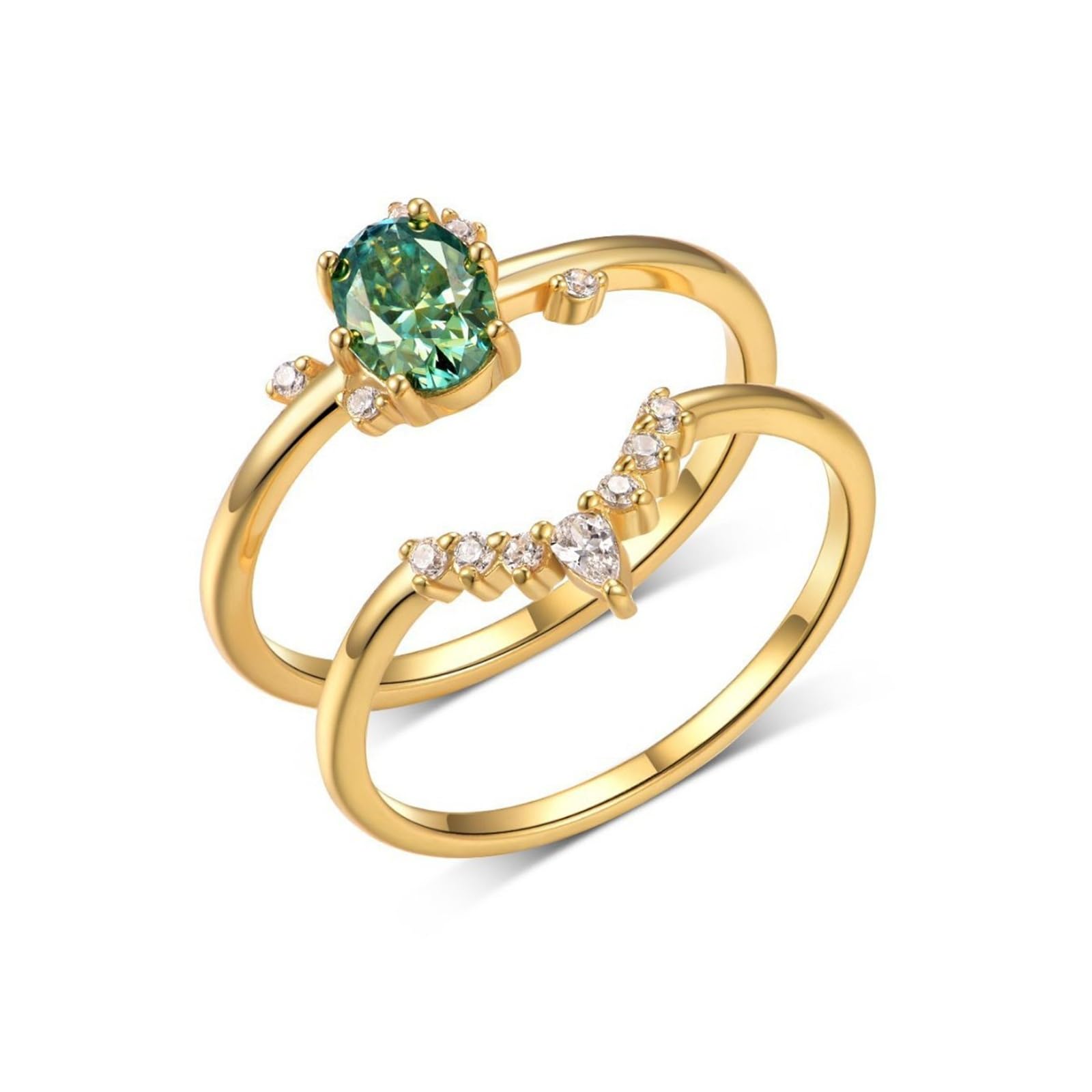 Set di anelli da donna in oro giallo 18 carati, in vero oro, moissanite verde, impilabile, anello a doppia fascia personalizzato