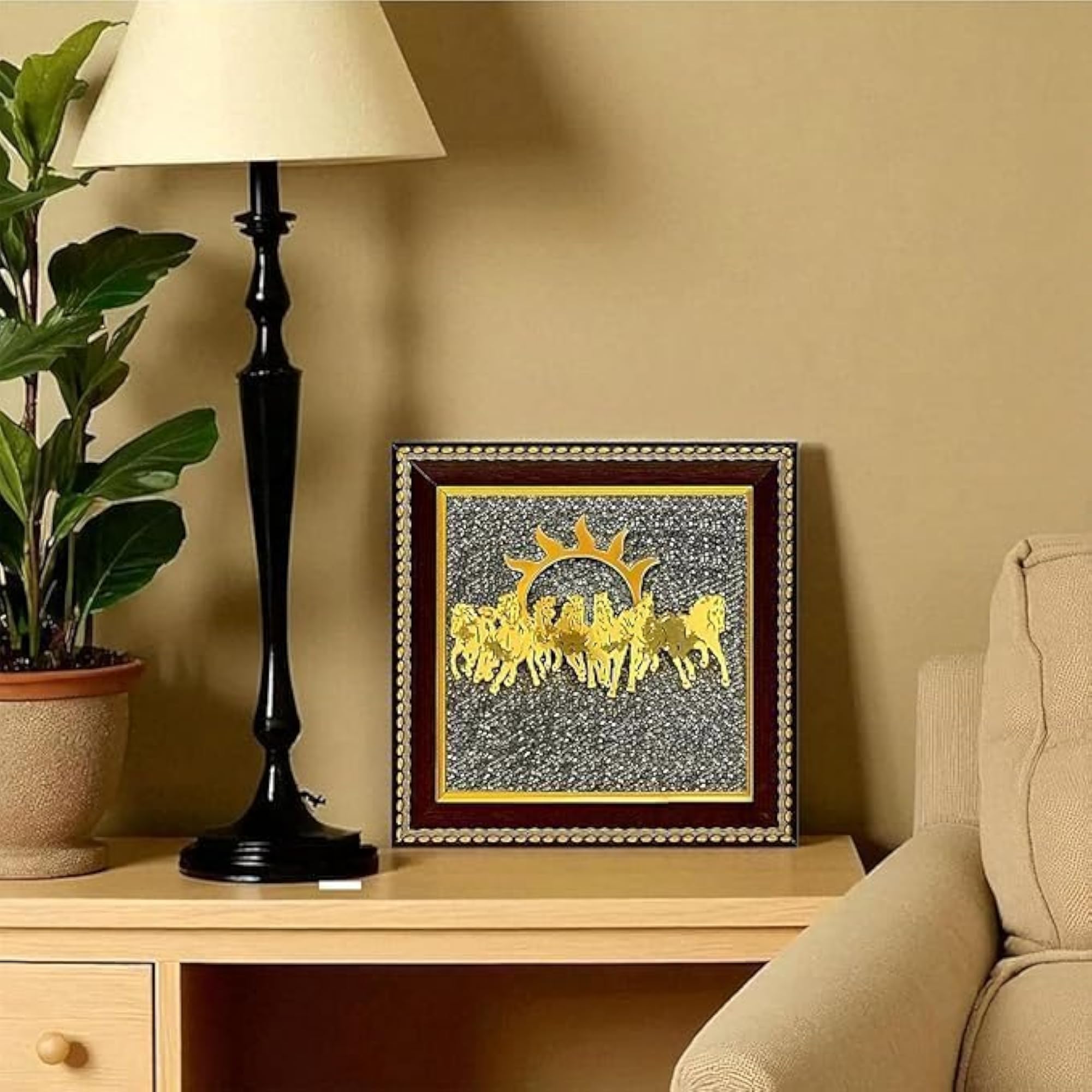 7 Running Horses Wall Decor on Raw Pyrite Stone Frame