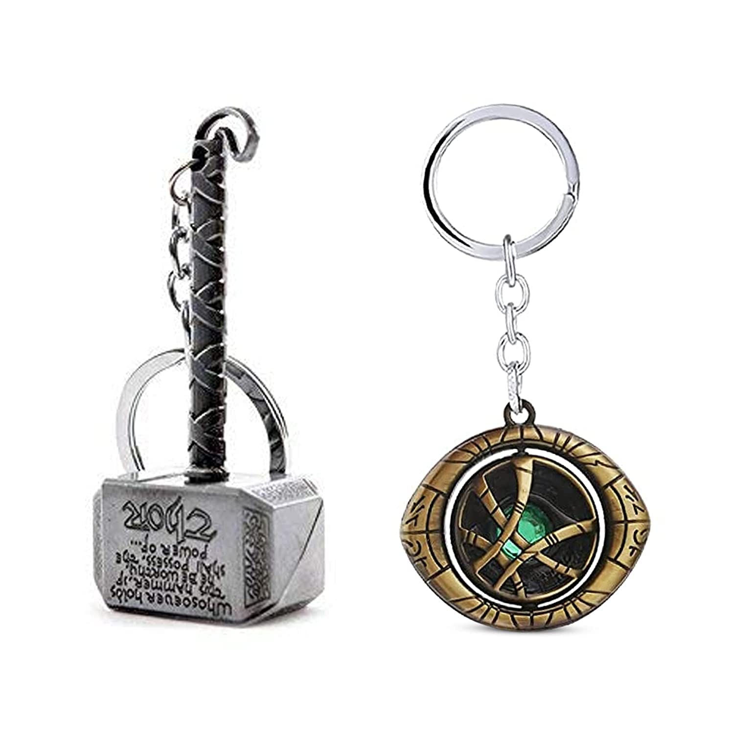 ZYZTA Combo of Metal Thor Hammer Keychain & Doctor strange Rotating eye of Agamotto marvel keychains (Pack of 2) Silver Thor Hammer & Golden Rotating Doctor strange Eye Key chain/KeyRing