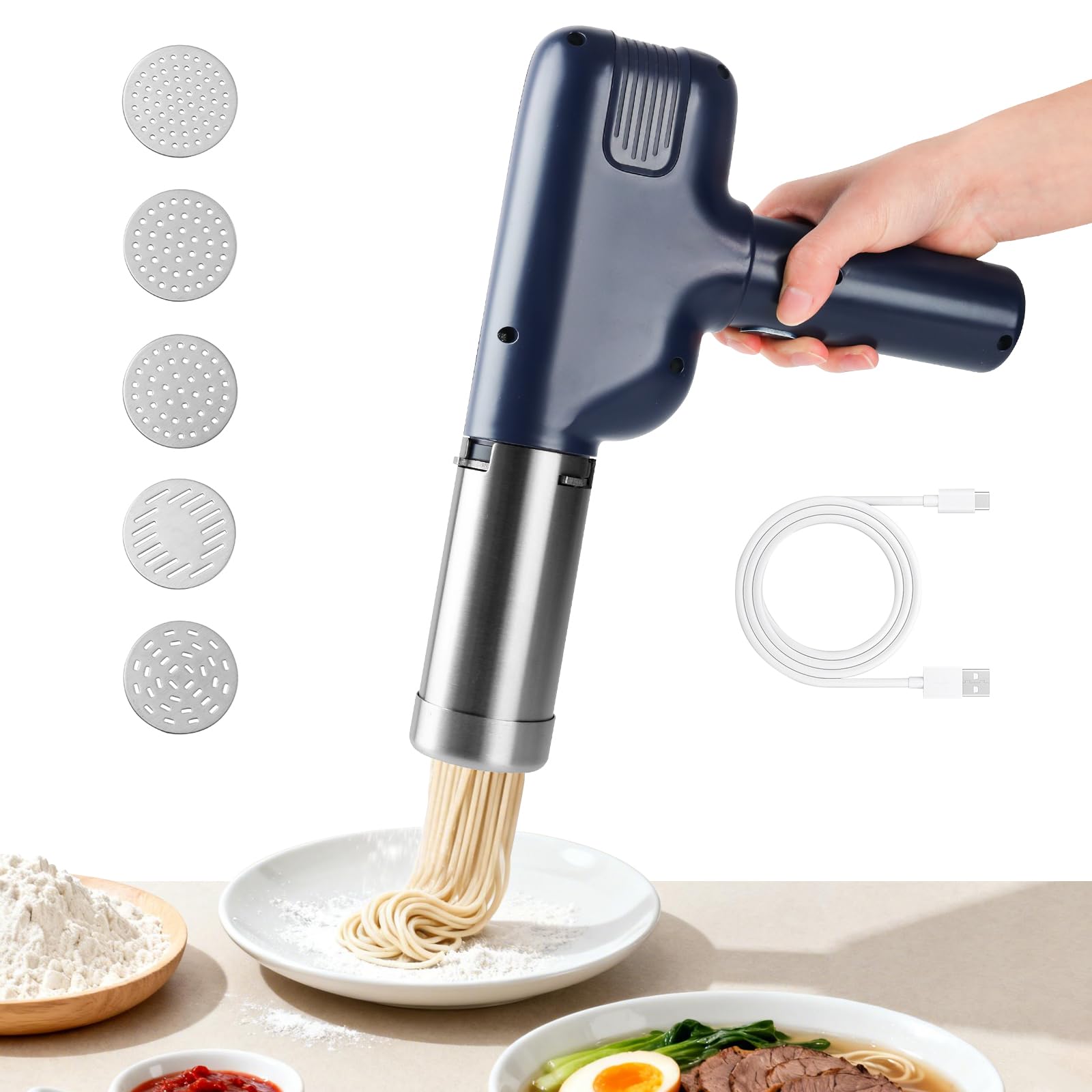 Macchina per Pasta Elettrica Portatile, Macchina per Fare Noodle Senza Fili 9 Accessori, Ricaricabile Macchina per la Pasta Fresca per Spaghetti/Fettuccine