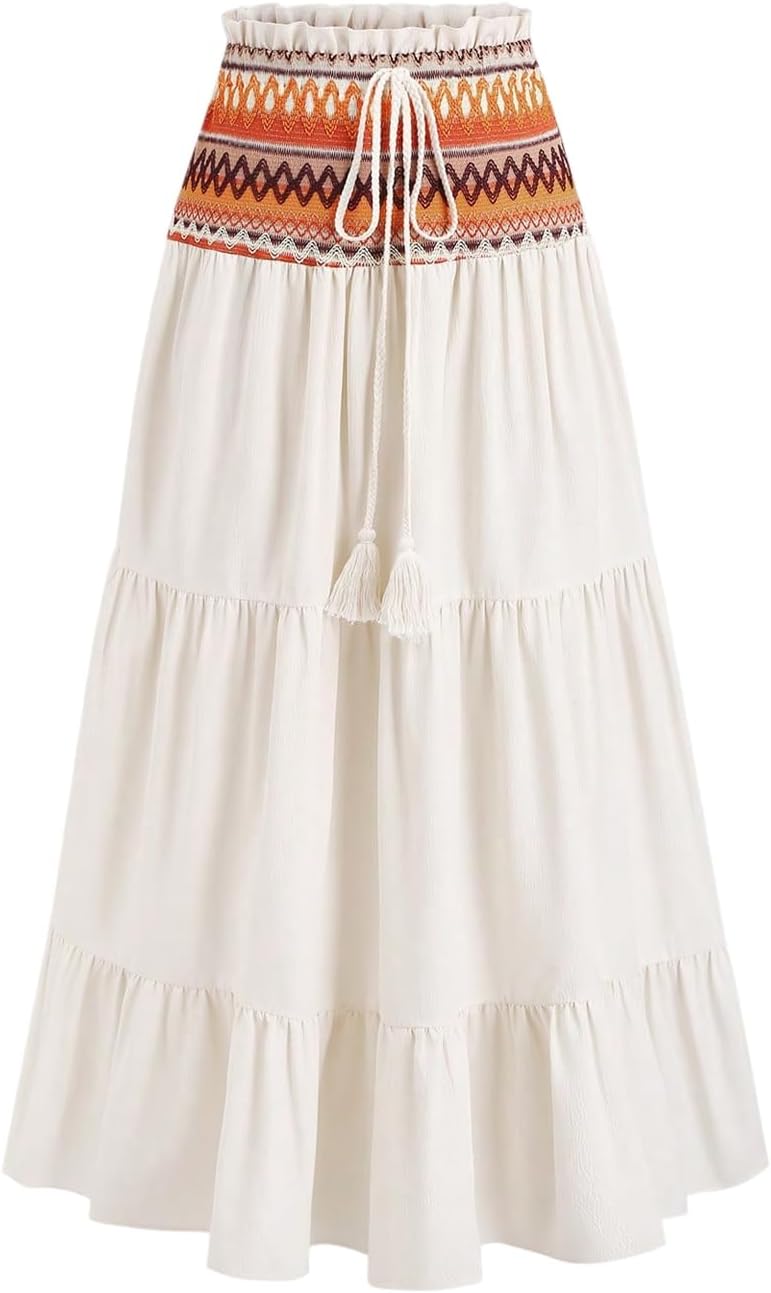 GORGLITTER Women's Boho Flowy A Line Long Skirts Tiered Graphic Ruffle Hem Elastic Waist Vacation Maxi Skirts