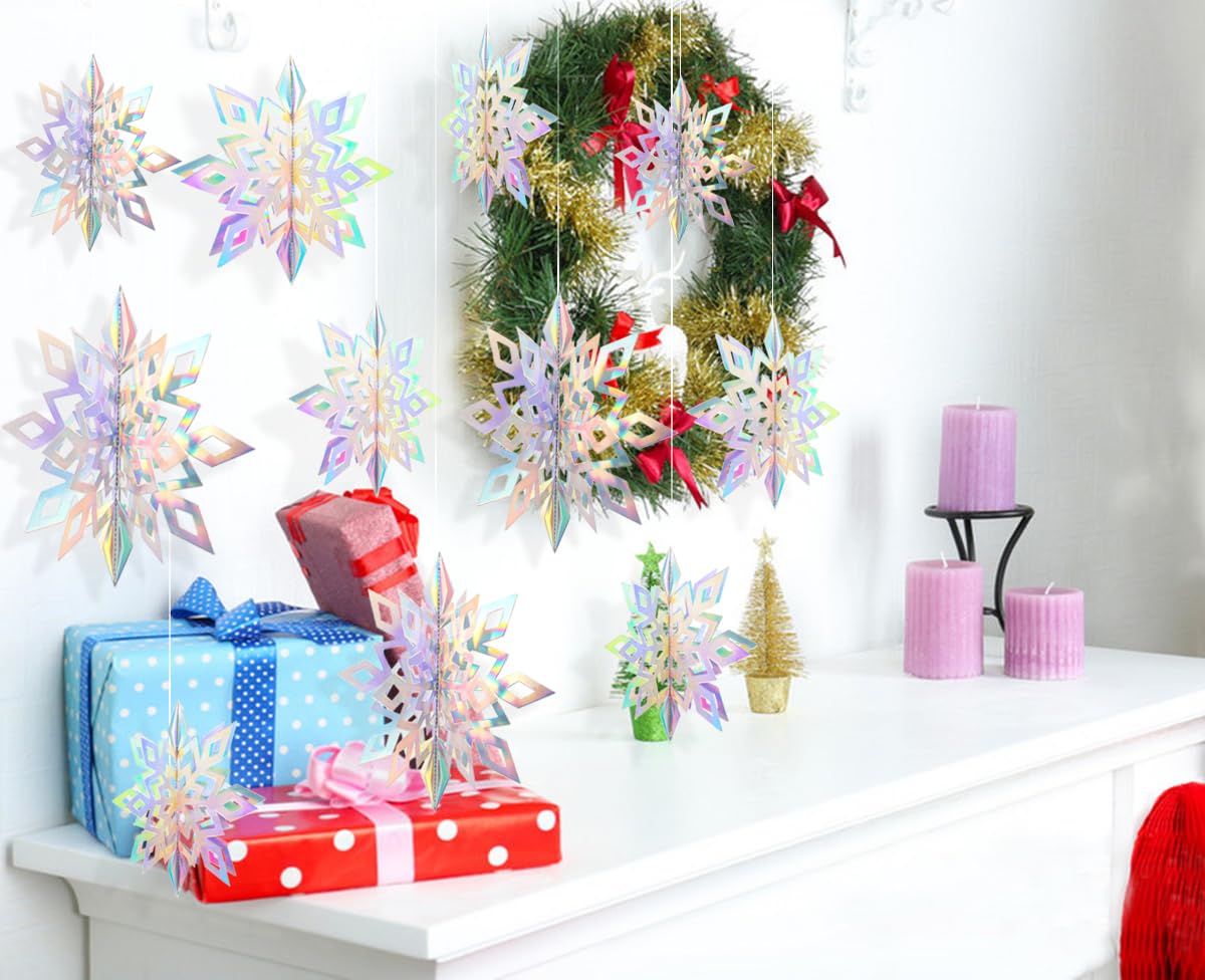 GuassLee Lot de 30 flocons de neige à suspendre en papier irisé 3D - Guirlande de flocons de neige pour l'hiver - Décoration de fête d'anniversaire