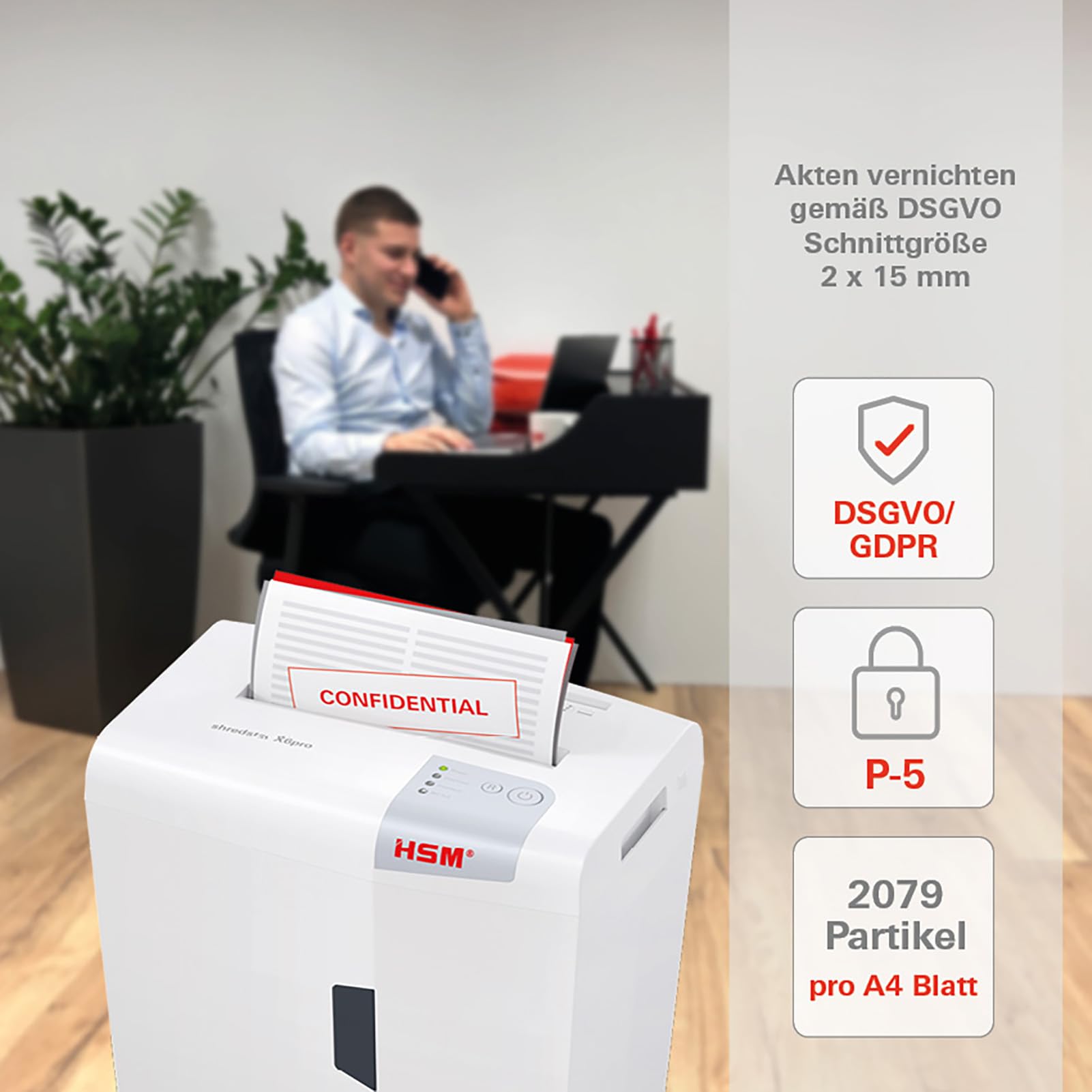 HSM shredstar X6pro 1046111 Distruggidocumenti da 2x15 mm, Bianco argento, taglio a frammenti