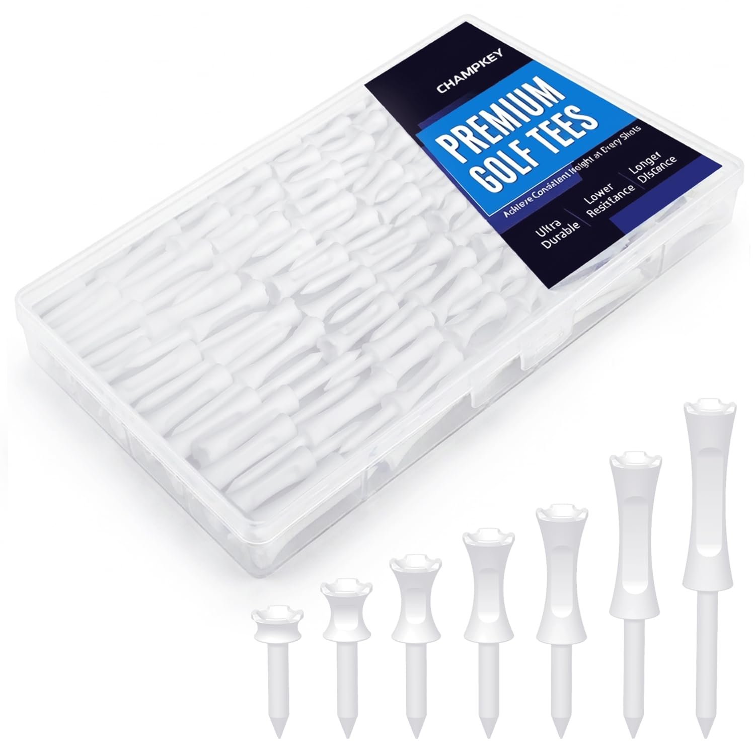CHAMPKEY Professional 4 Prongs Castle Golf Tees 7 Mixed Sizes 105 Pack - Low Friction and Resistance Golf Plastic Tees(32mm,38mm,45mm,51mm,57mm,70mm,83mm)