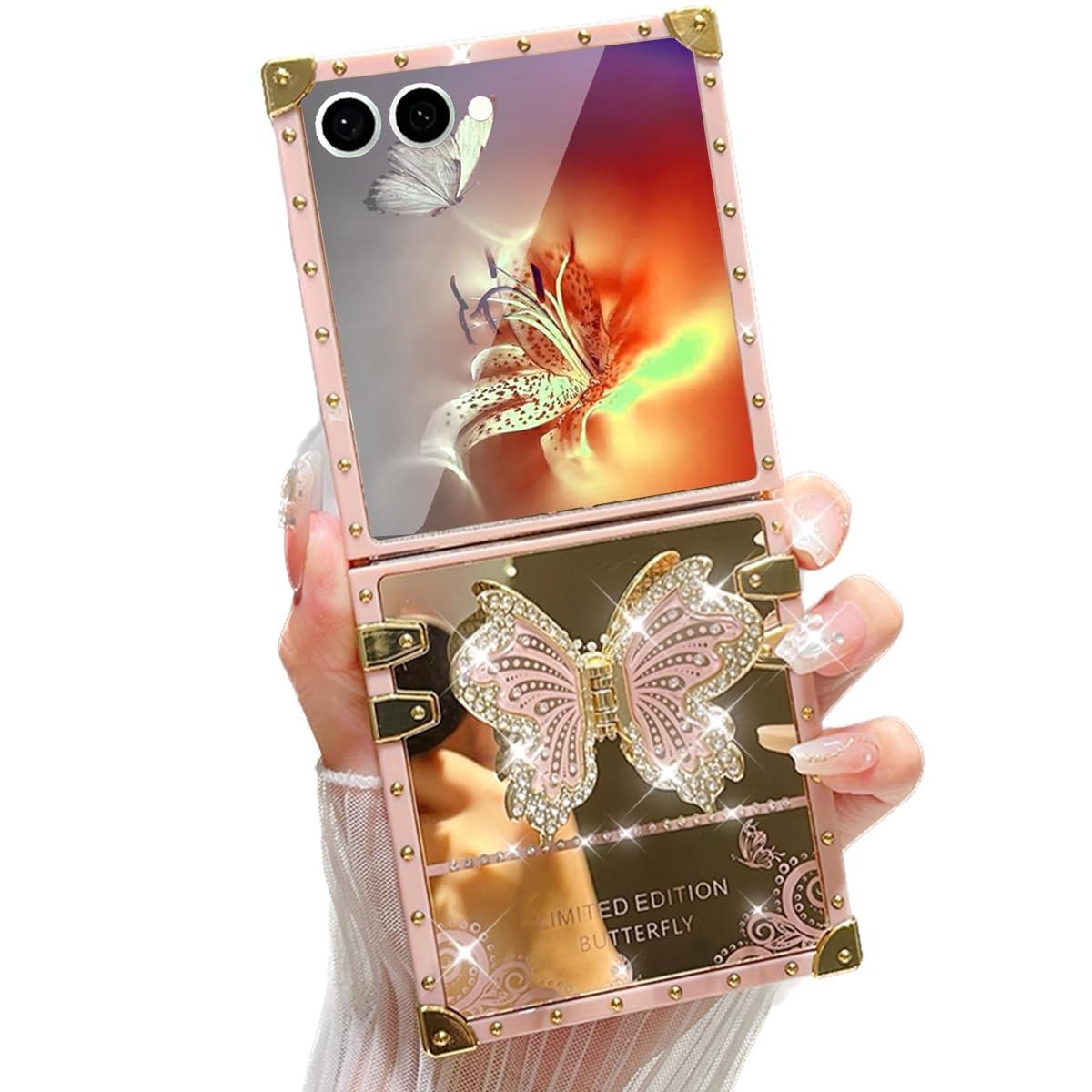 auroicyy for samsung galaxy z flip 7 kickstand case, glitter foldable bling diamonds butterfly stand mirror back golden plated shockproof elegant cute soft protective cover for galaxy z flip 7, pink
