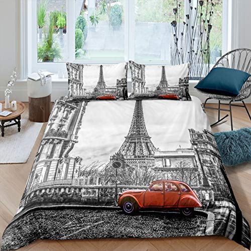 Loussiesd Novelty Duvet Cover Set King Size Decorative Microfiber Polyester Bedding Set Paris Eiffel Tower Print Grey Famous City Scene Comforter Cover with 2 Pillow Shams