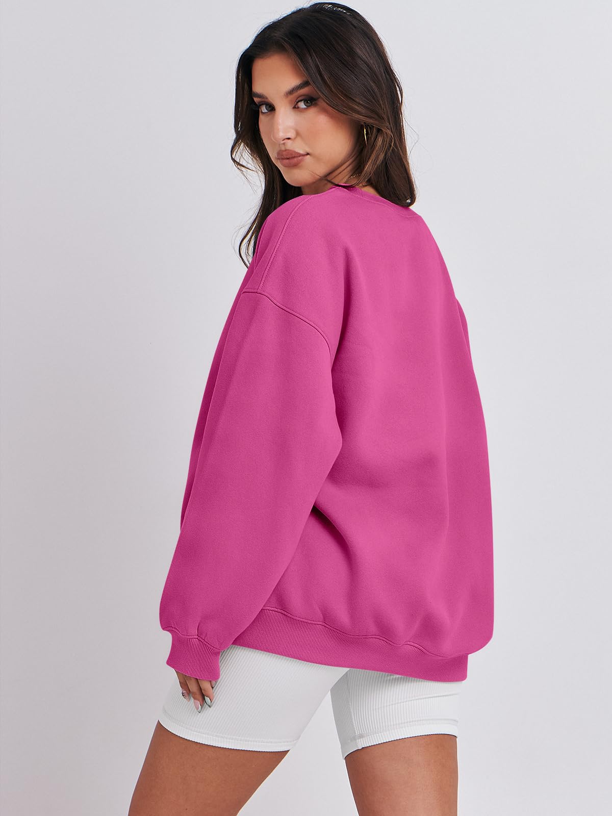 Damskie bluzy oversize bluzy z kapturem polar okrągły dekolt sweter top codzienne jesienne stroje preppy ubrania nastolatki 2024 A1019 światło, Jeden kolor, Light Pink_X-Small