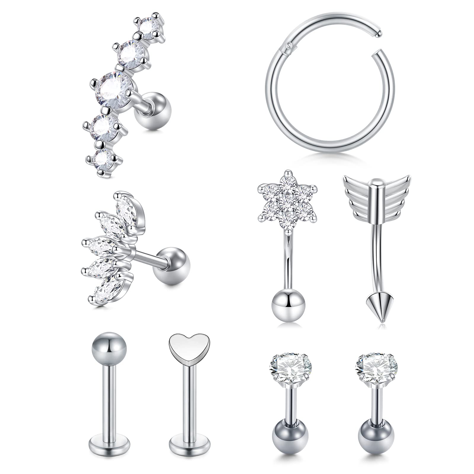 AVYRING 20G 16G Piercing Oreja Cartilago Acero inoxidable Aros Piercing Nariz Septum Labio Anillo Tragus Stud Piercing Oreja Helix Daith Joyería 9 Piezas