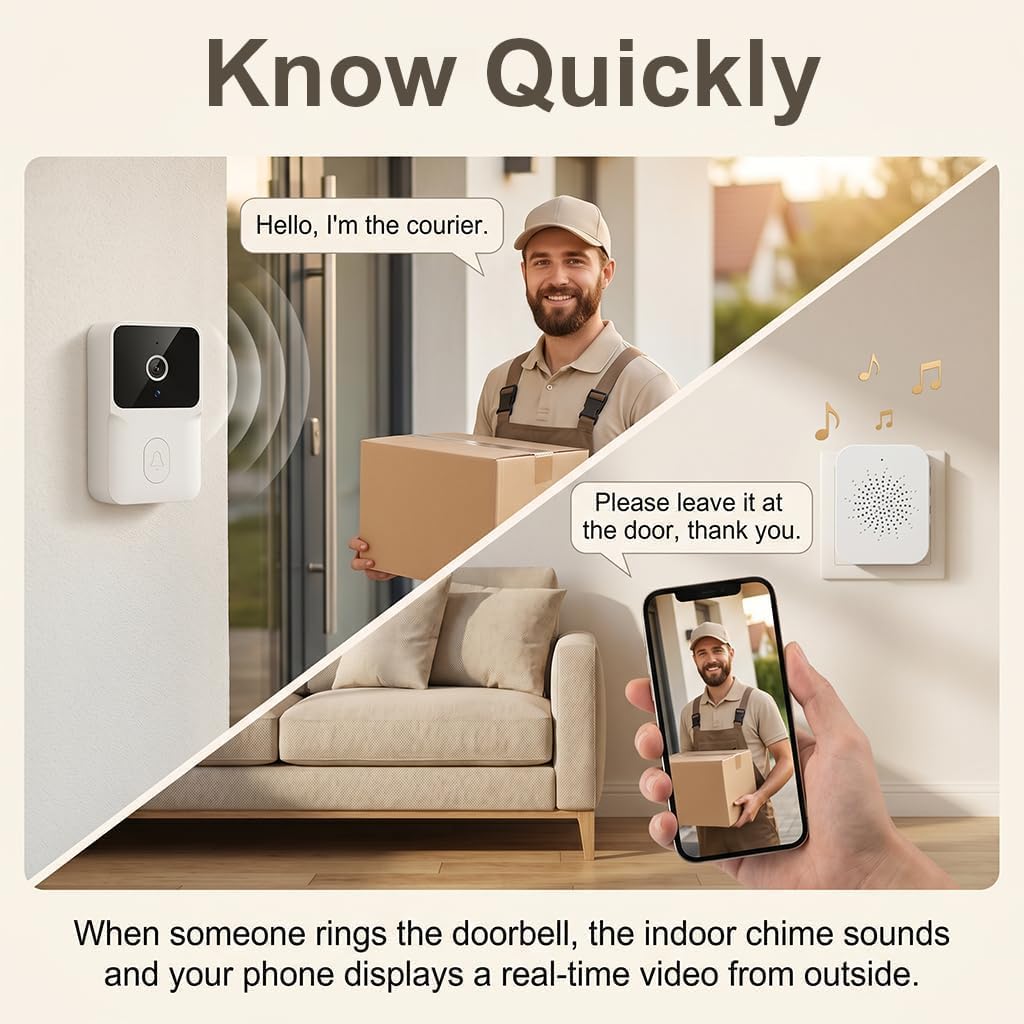 Timbre de vídeo WiFi 1080P con cámara y visión Nocturna, Audio bidireccional, instalación fácil, detección de Movimiento,Seguridad Inteligente para el hogar，Se Requiere suscripción