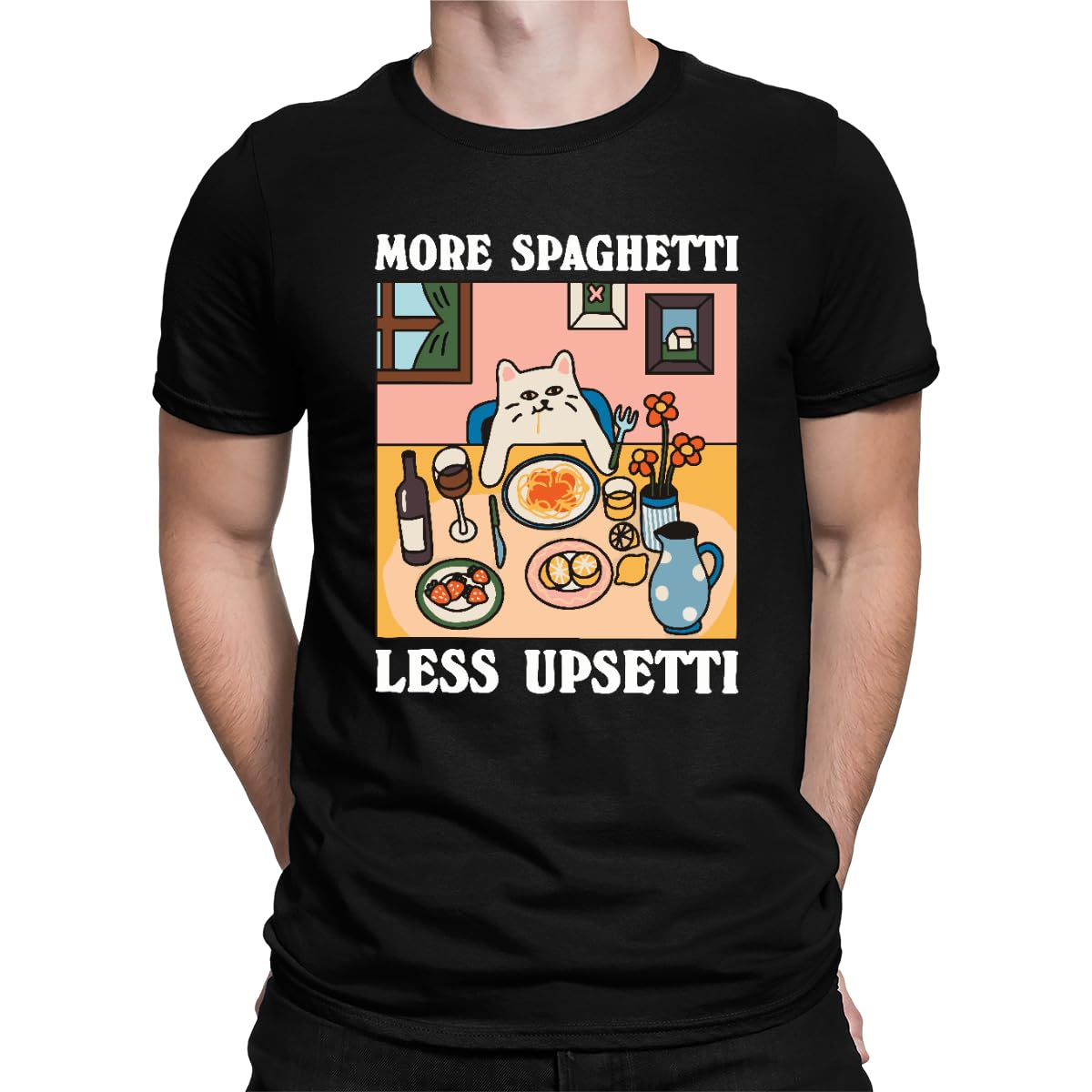 Unibly Men's Black More Spaghetti Less Upsetti Cat T-Shirt, Xxl