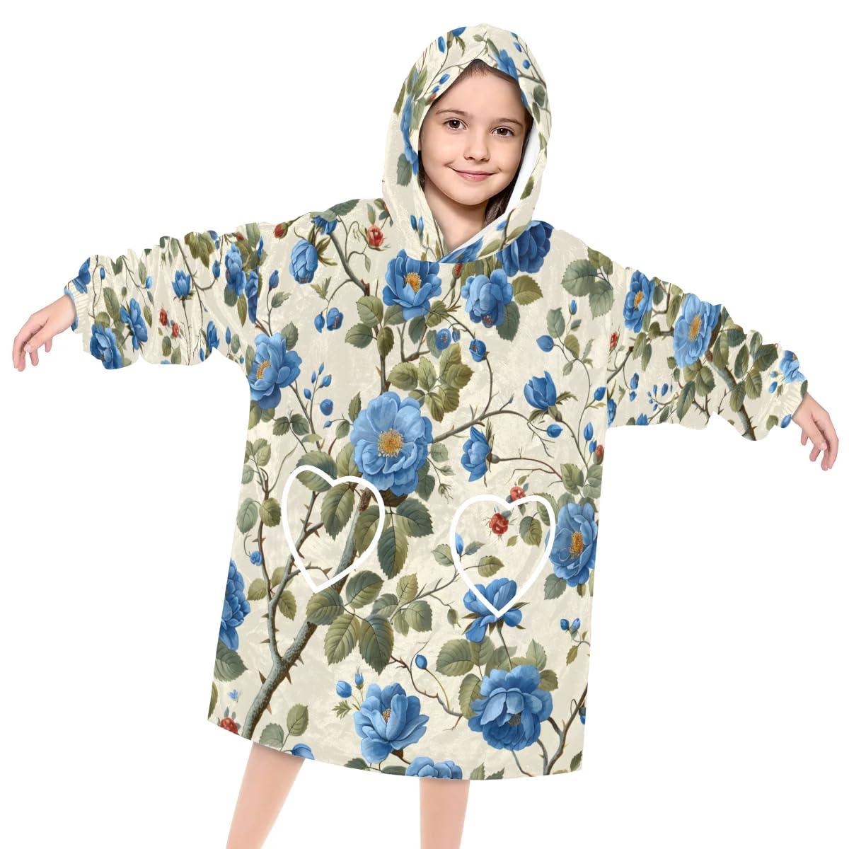 Wearable Blanket Hoodie for Kids, Oil Painting Flower Fleece Sweatshirt Blanket Oversized Blanket Sweatshirt with Pocket Flannel Warm Hooded Blanket 6-10 Year Old Girl Boy Gift, One Size