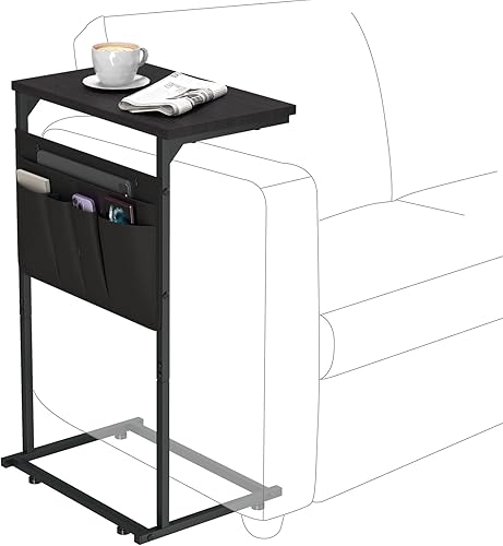 Miniatura 8 de ZERDER Mesa auxiliar en forma de C, mesa auxiliar pequeña con bolsa de almacenamiento para sofá, mesa de sofá con marco de metal para sala de estar