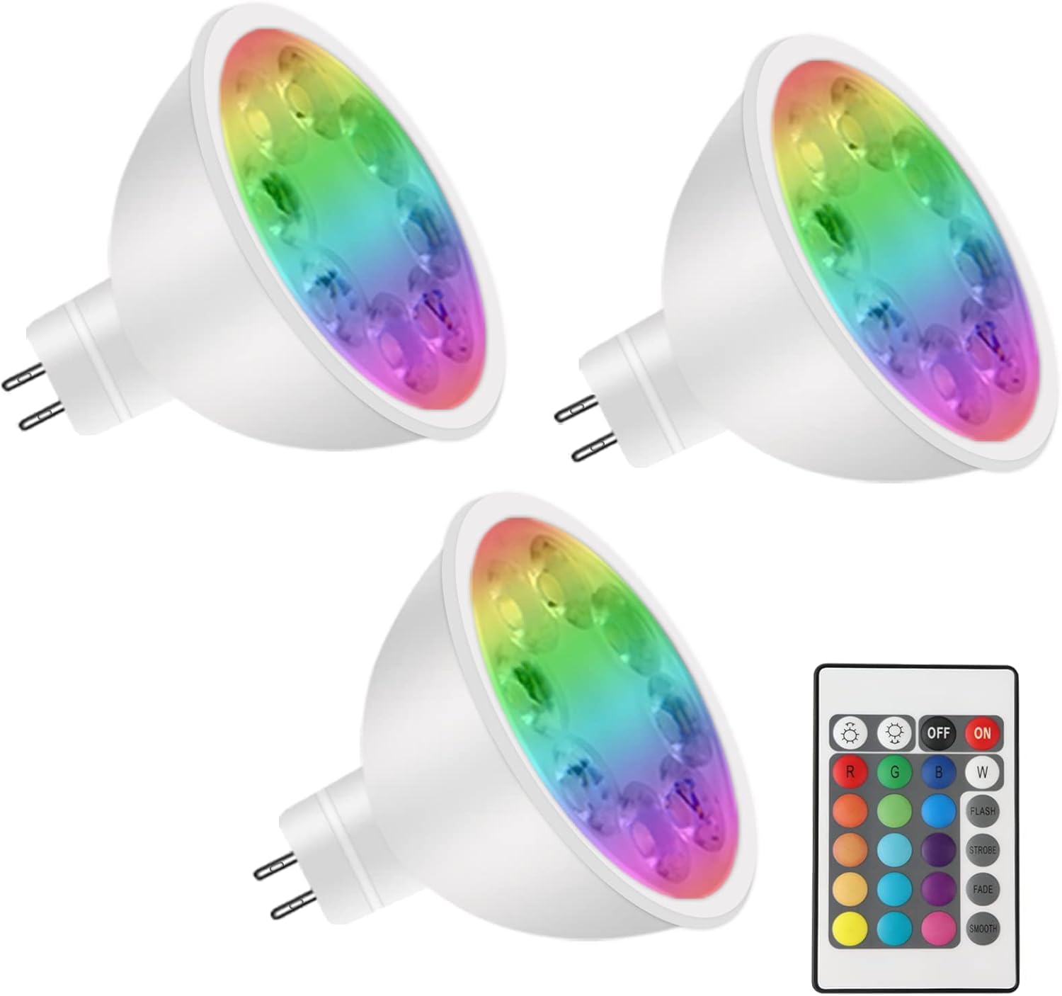 MR16 Color Changing LED Bulbs, MR16 LED Bulbs 4W 12V GU5.3 Bi-Pin Base, RGB MR16 Color Changing Spotlight, CW White+15 Multicolor for Landscape Lighting (3 Bulbs with a Remote)