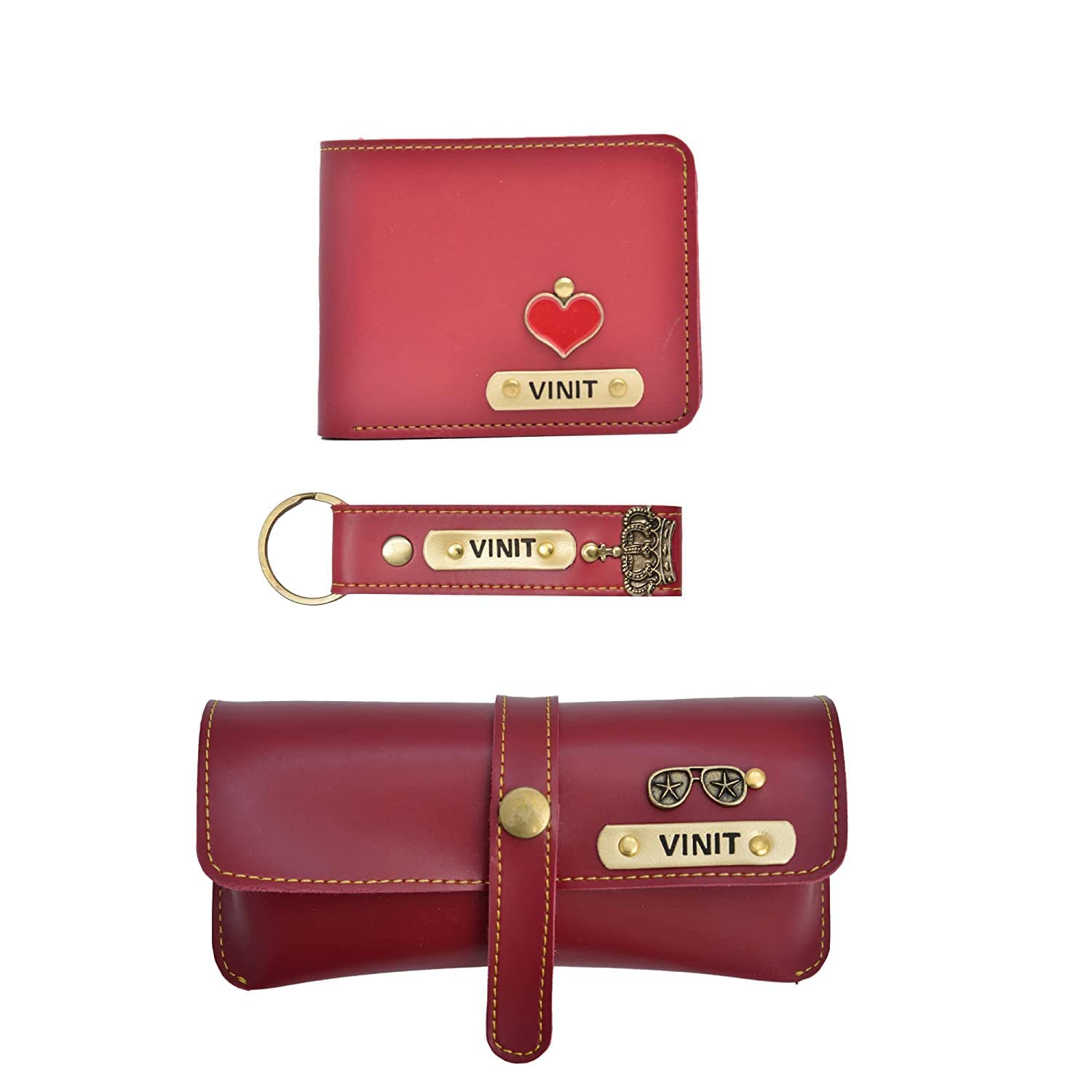 Ahimsa Leather Vegan Leather Customized All in One Men's Combo Gift (3 pcs) Wallets, Key Chain and Eyewear Case - Wine, Wine, Classic