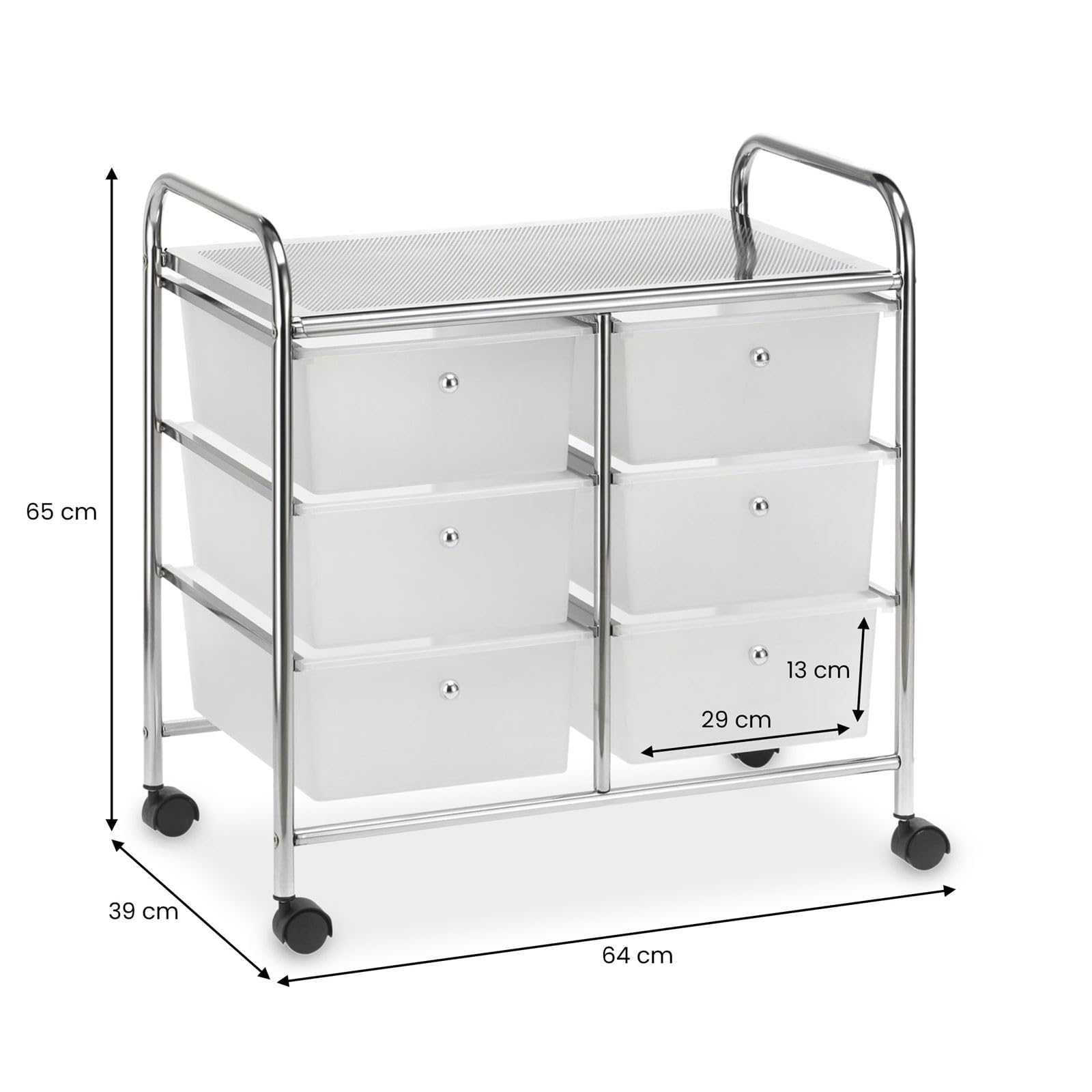 IDIMEX Caisson sur roulettes GINA Chariot avec 6 tiroirs en Plastique Blanc Transparent et 1 étagère, Meuble de Rangement pour Salle de Bain en métal chromé